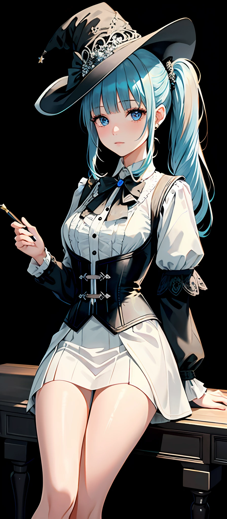 [1girl|solo], (masterpiece:1.1), (best quality:1.1), (intricate detailed Rocker [[White Ombr shirt:Black Appliqud with patches and motifs morning dress:0.85]:[Black Collared revealing clothes:Earth tones hip vent little black dress:0.15]:0.7]:1.25), (Tweed [[Coral Woolen A-line skirt:Turquoise Sleeveless tutu:0.05]:[Green Sheer thong:Orange Linen blouson:0.1]:0.1]:1.15),, [(NSFW:1.0):(NSFW:0.95):0.15],[medium:[large|medium]:0.35] breasts, corset, BREAK [black:pink:0.65] theme, (gradient background:1.1), portrait, BREAK [blond:sky blue :0.05] hair, blunt bangs,hime cut,long hair, side-ponytails, [blue:purple:0.85] eyes, intricate detailed black witch hat, holding wand,