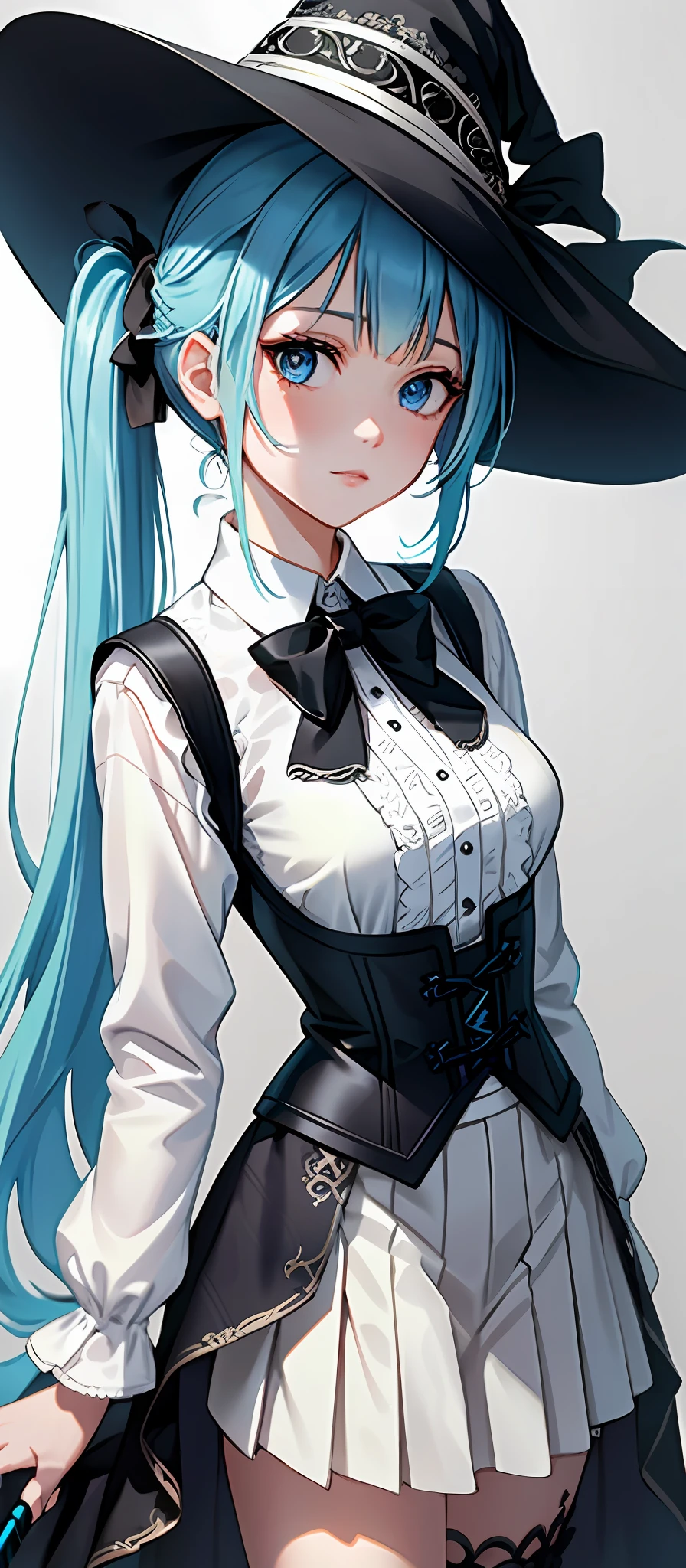 [1girl|solo], (masterpiece:1.1), (best quality:1.1), (intricate detailed Rocker [[White Ombr shirt:Black Appliqud with patches and motifs morning dress:0.85]:[Black Collared revealing clothes:Earth tones hip vent little black dress:0.15]:0.7]:1.25), (Tweed [[Coral Woolen A-line skirt:Turquoise Sleeveless tutu:0.05]:[Green Sheer thong:Orange Linen blouson:0.1]:0.1]:1.15),, [(NSFW:1.0):(NSFW:0.95):0.15],[medium:[large|medium]:0.35] breasts, corset, BREAK [black:pink:0.65] theme, (gradient background:1.1), portrait, BREAK [blond:sky blue :0.05] hair, blunt bangs,hime cut,long hair, side-ponytails, [blue:purple:0.85] eyes, intricate detailed black witch hat, holding wand,