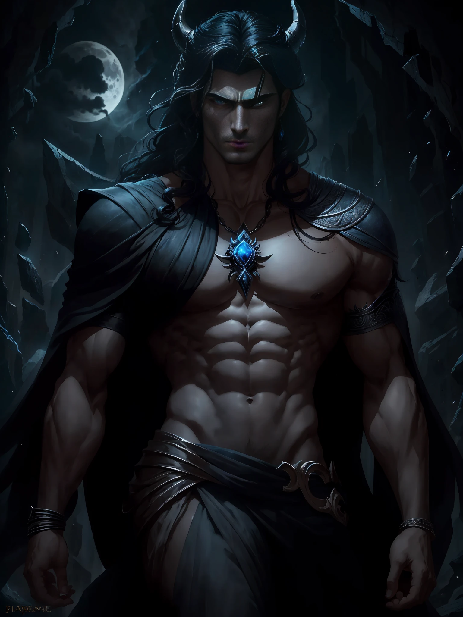 "Create an image that depicts Hades, inspired by the book descriptions of Hades and Persephone, written by Scarlett St. Clair. Hades is described as an imposing and seductive Greek god with a dark and powerful aura. He possesses a tall stature and a sculpted body, emanating strength and authority. Her black hair is long and dense, falling in seductive waves over her broad shoulders. His deep eyes are the most intense blue color, conveying a magnetic mystery. He has majestic black horns that curve elegantly around his head, further underscoring his divine nature. The expression on his face reflects a piercing gaze, full of power and knowledge of the dark world he rules. His skin is pale, like the silvery light of the moon, contrasting with the gloomy scenery around him. In addition, Hades is depicted wearing elegant and majestic costumes, which perfectly match his imposing presence. Their appearance is a balance between beauty and power, attracting both admiration and awe. When creating the image of Hades, be sure to capture his dominant presence, the intensity of his gaze, and the combination of his dark and seductive features. The image should convey the strength and mystery that surrounds it, bringing to life this fascinating Greek god of the underground."