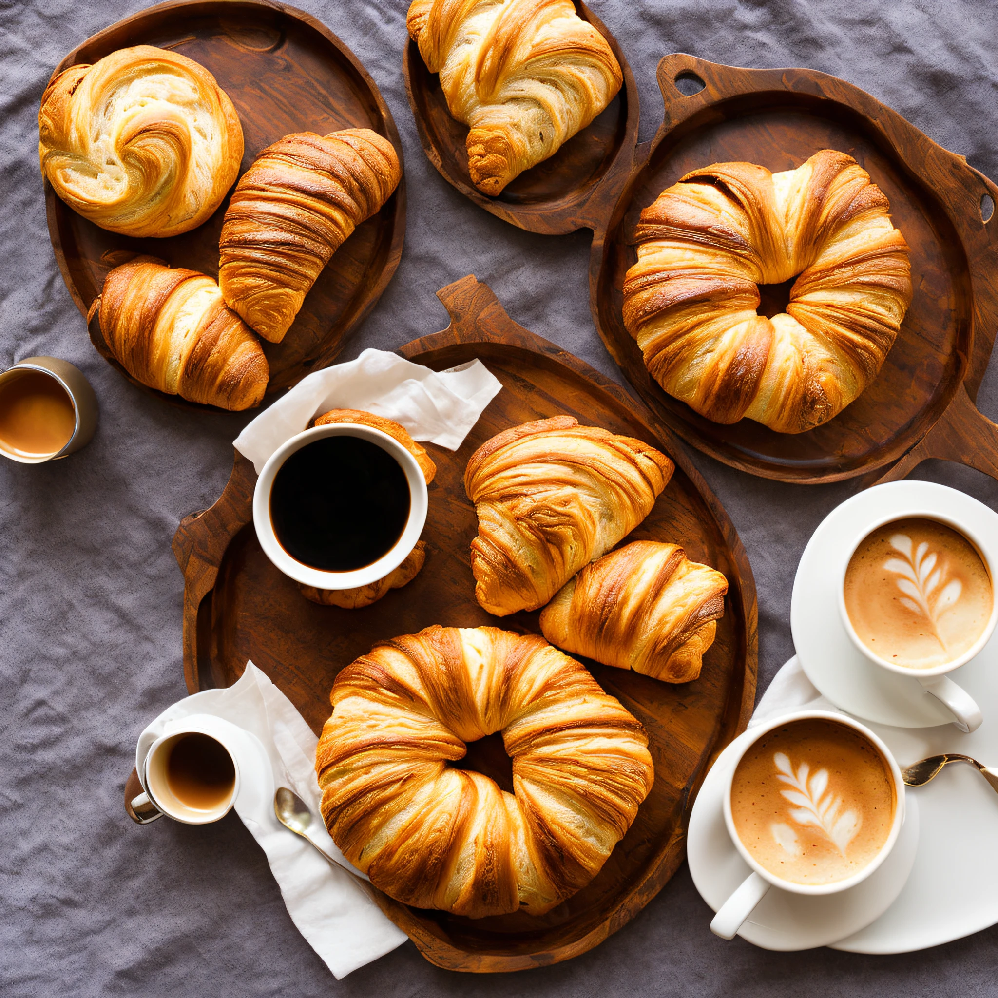 (cozy photo, best quality, warm and soft lighting), ((small tray with freshly baked breads and a fresh croissant, a cup of smoked coffee)) (small fruits), (small details of charm, flowers of the field, warm sun, soft shade, dawn of the day), individual table, juice