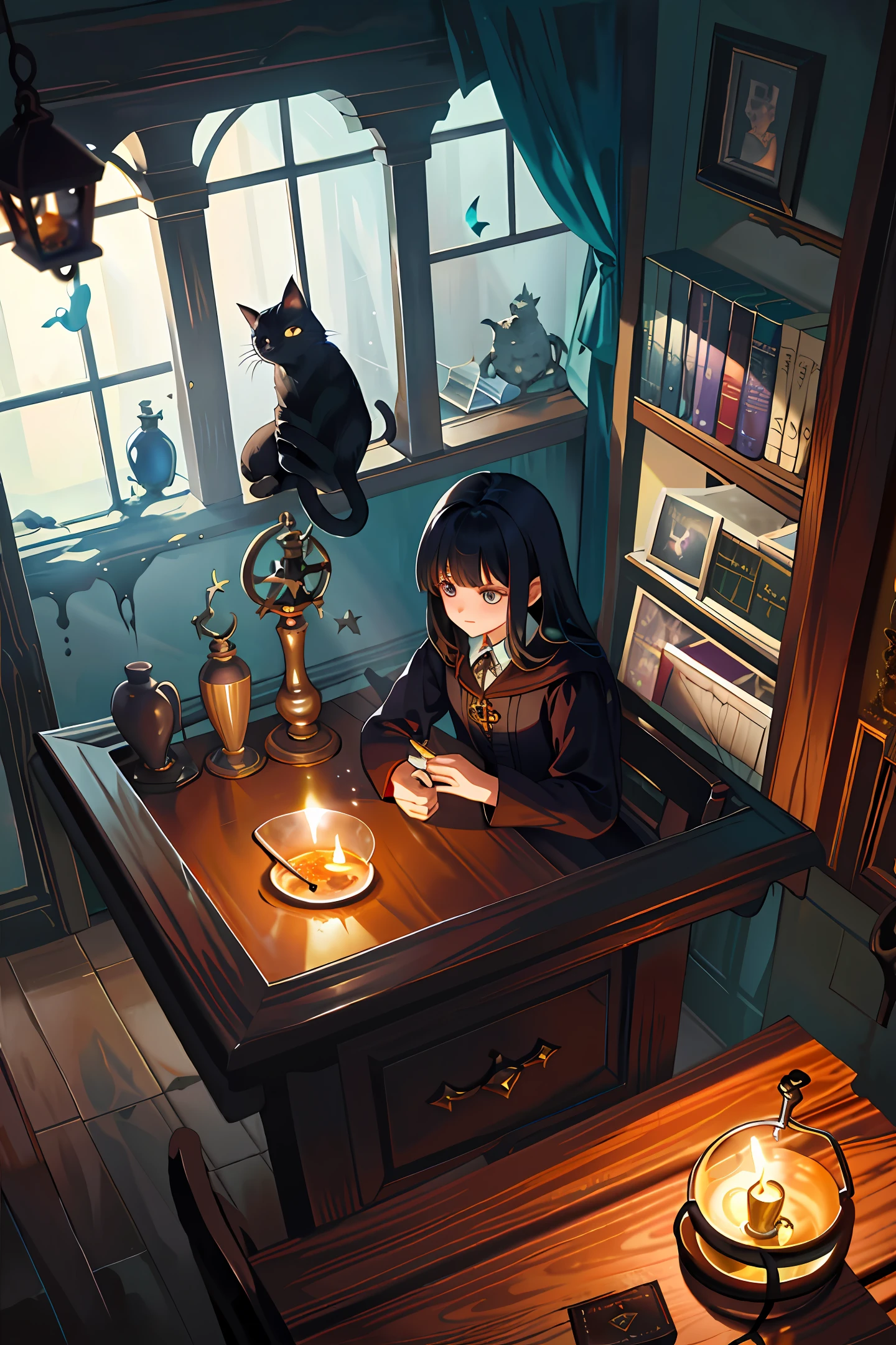 Table with many books next to the window, dark fantasy digital art, oil painting with cat witch spells, black pinterest background, spell potions, laboratory, sinister vibrations, dripping candles, dusty library, alchemy, earth magic, hecat