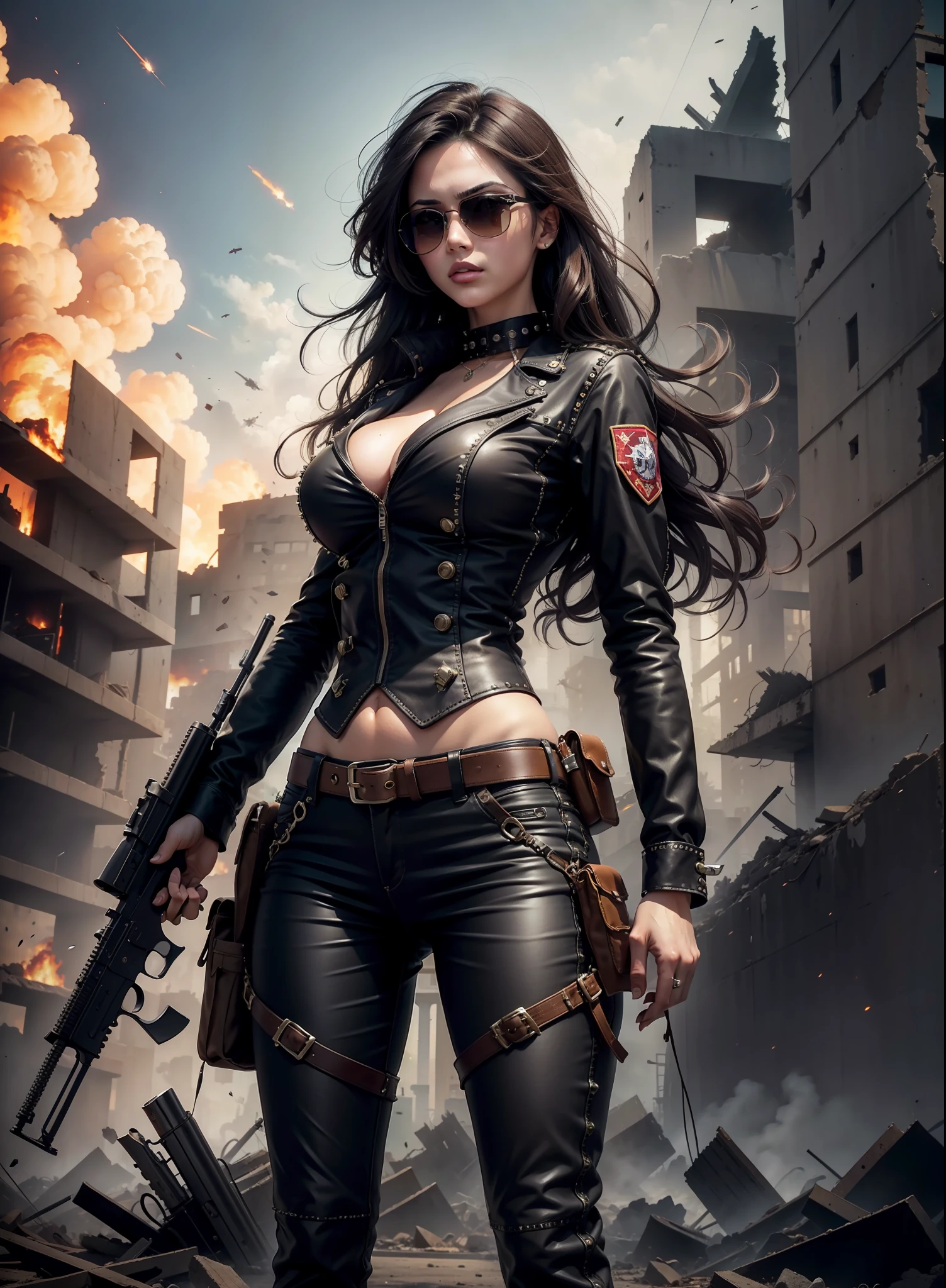 Medium breasted woman, pants, rivets, holsters, big gun, long black hair, sunglasses, in the ruins, explosions behind.