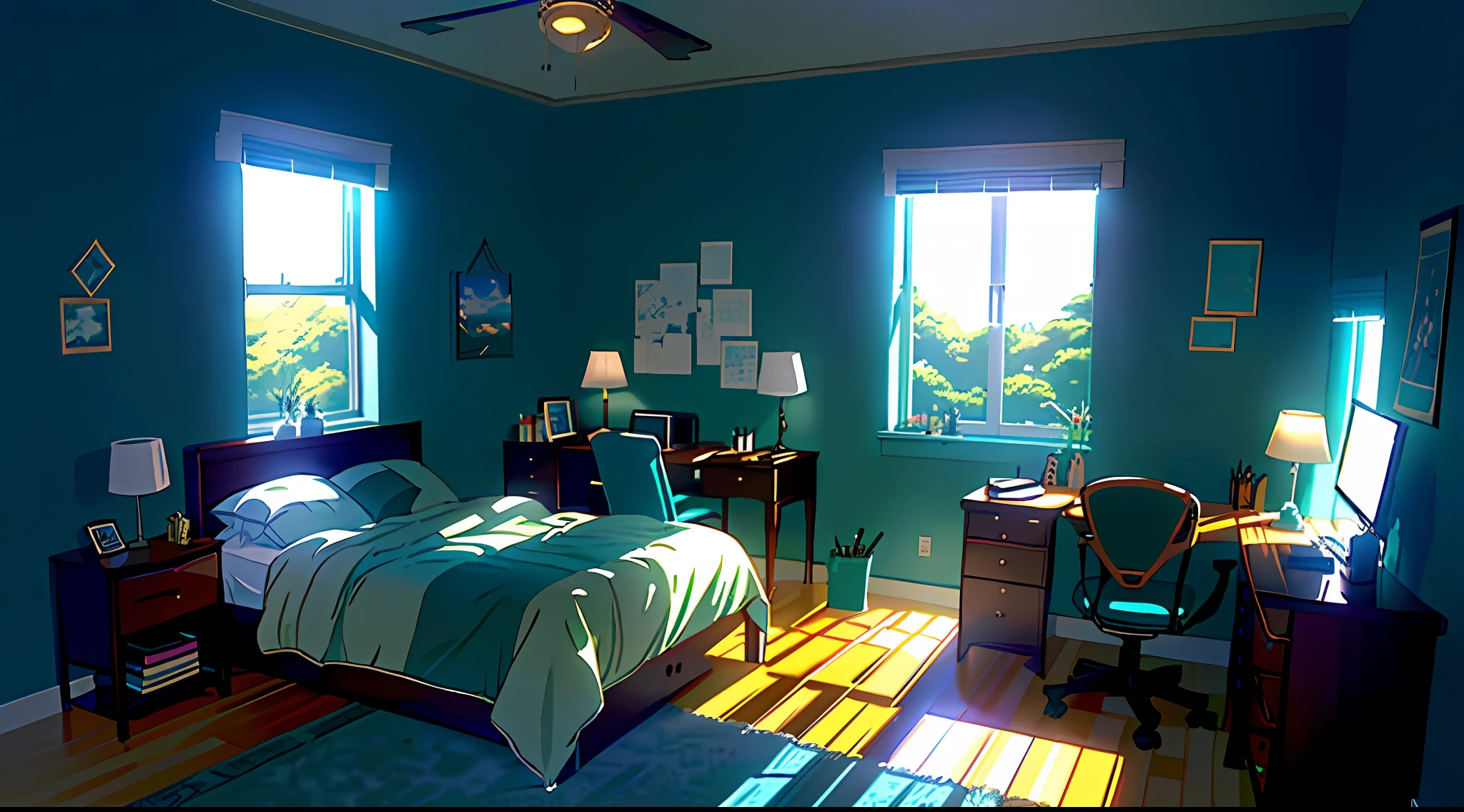 there is a room with a bed, desk, chair, and bookshelf, relaxing concept art, personal room background, anime background art, realistic afternoon lighting, anime scenery concept art, relaxing environment, interior background art, rpg maker style bedroom, a sunny bedroom, bedroom in studio ghibli, afternoon lighting, cozy environment, photorealistic room, cinematic morning light, studyng in bedroom
