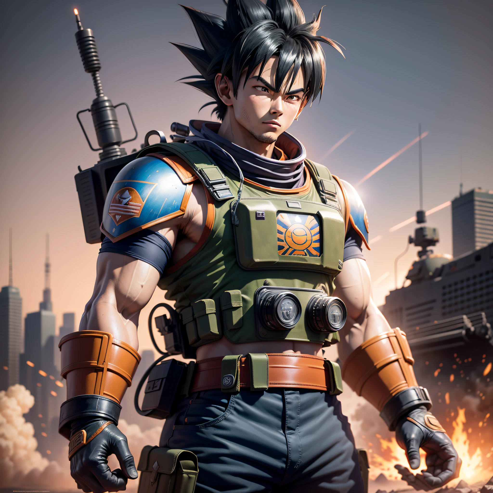 Goku in uniform, Akira Toriyama style, American special forces, delta force, battlefield, tank in the background, high detail, modern, cinematic lighting, drop shadow, Hasselblad, Ultra-Wide Angle, UHD, masterpiece, super detail, high quality, best quality, 1080P, 8k