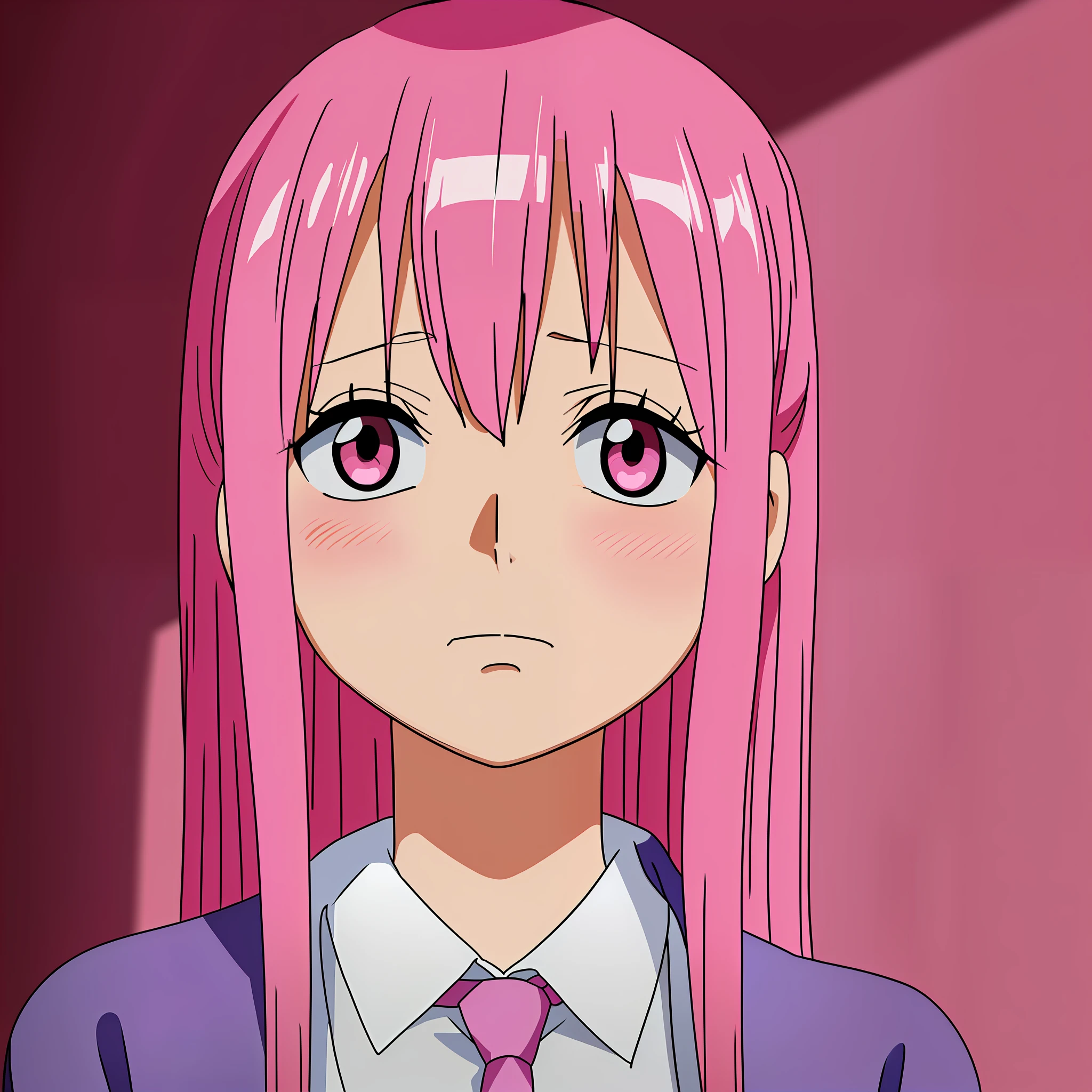 Anime woman with pink hair in pink tie, pink eyes, shy blush, wanostyle