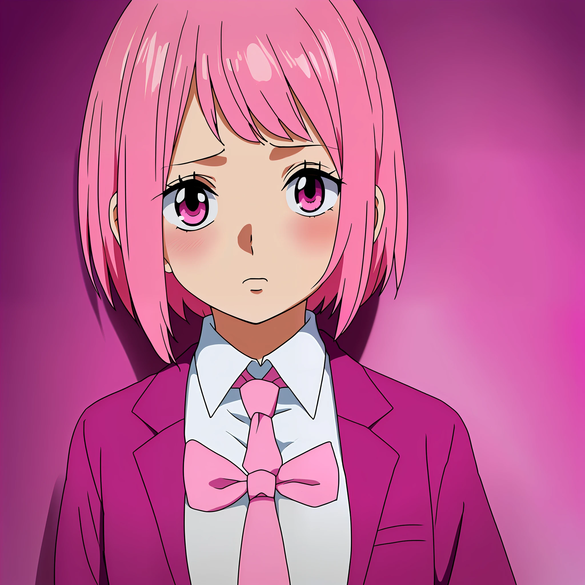 Anime woman with pink hair in pink tie, pink eyes, shy blush, wanostyle