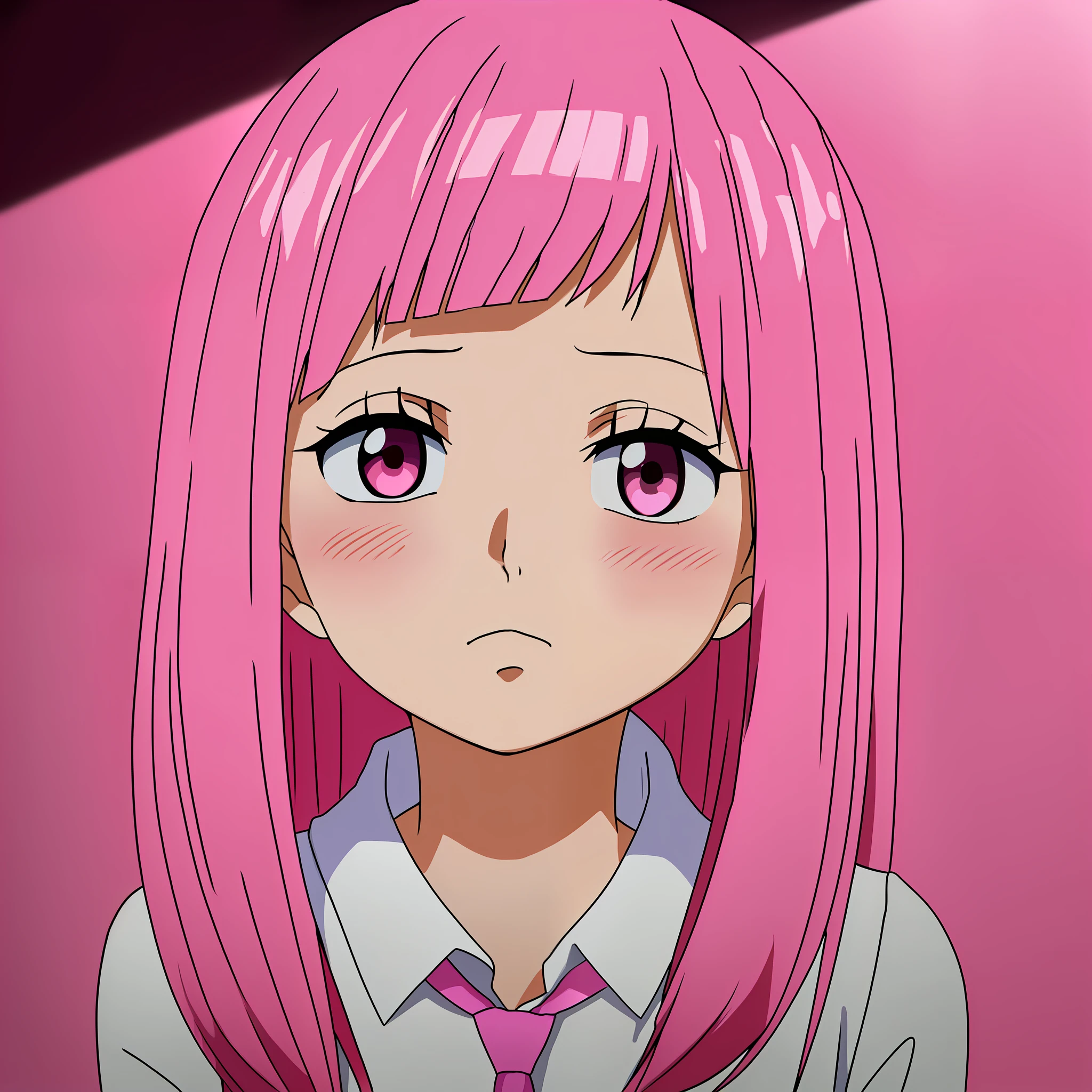 Anime woman with pink hair in pink tie, pink eyes, shy blush, wanostyle