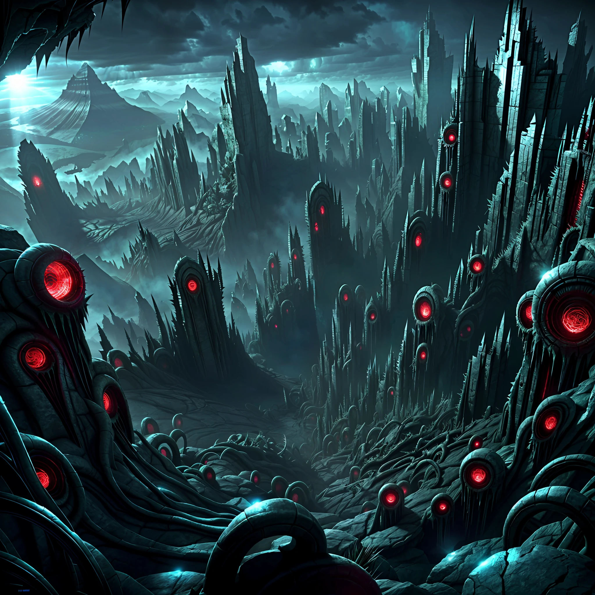 view from the top of the peak, horror art landscape, complex biomechanicals monuments, biomorphic beings from the 4th dimension, spiked walls, madness, thorns, horror art, artstation, UHD, unreal engine, line art drawing style.