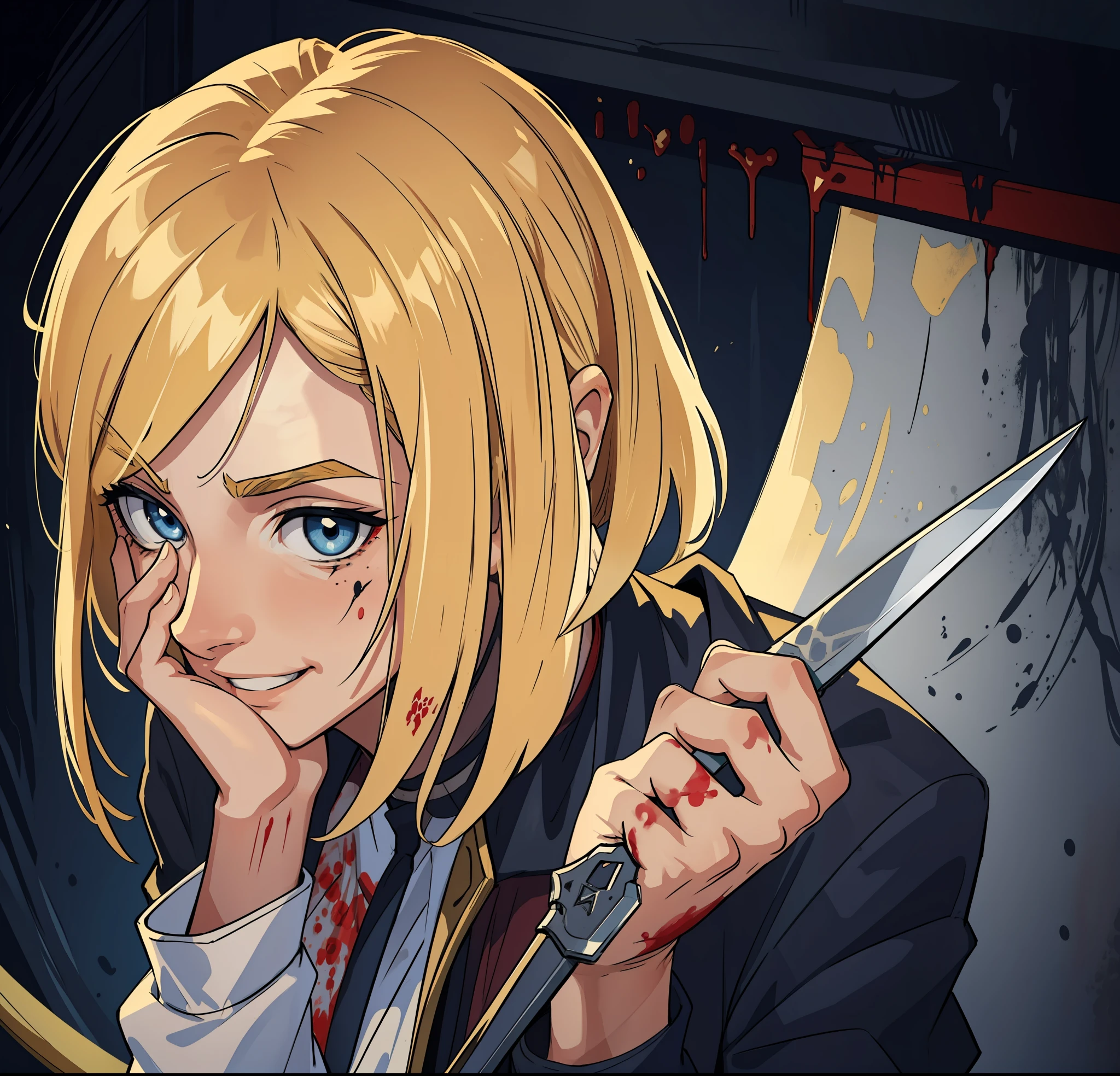 (masterpiece, best quality), intricate details, 8k, artstation, wallpaper, official art, splash art, sharp focus,
1girl, medium hair above shoulders blonde, blue eyes, blonde hair, tattoo on neck and arms, with a knife in hand, manic and menacing expression with a smile, blood on the face, blood print on the body and face, evil look, a hand covering the face,
 Wearing a short white top, dark basement in the background, dark basement print, dark place, disgust