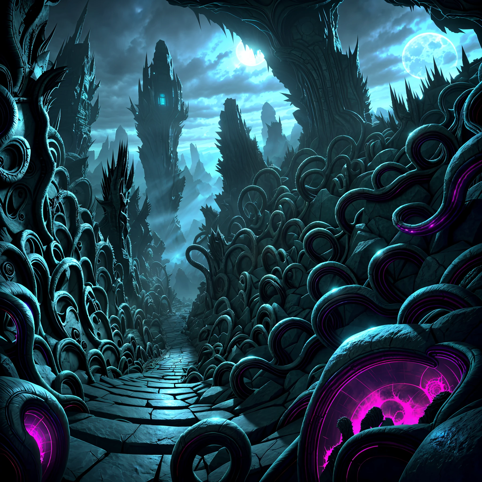 view from the top of the peak, horror art landscape, complex biomechanicals monuments, biomorphic beings from the 4th dimension, spiked walls, madness, thorns, horror art, artstation, UHD, unreal engine, line art drawing style.