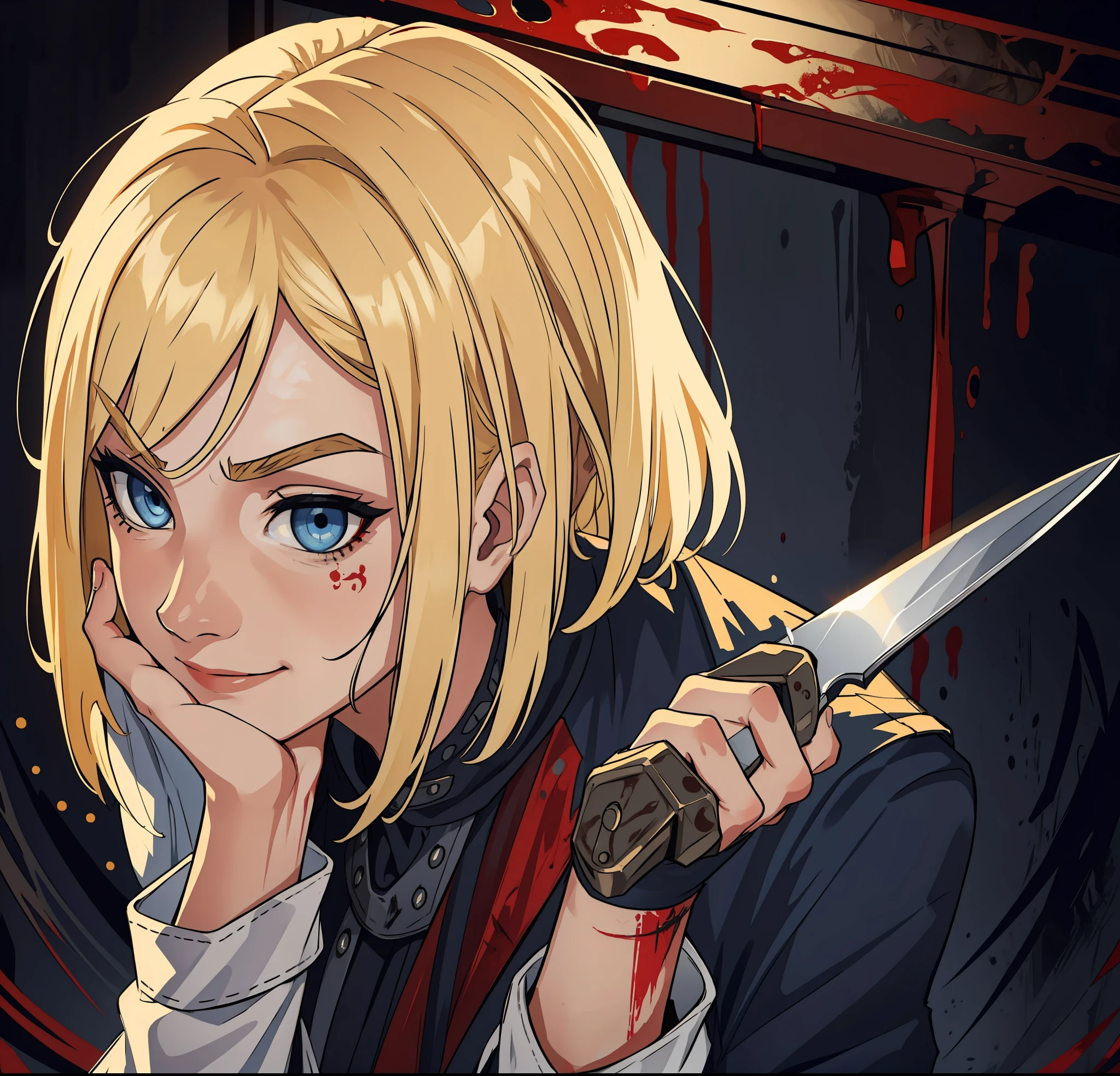 (masterpiece, best quality), intricate details, 8k, artstation, wallpaper, official art, splash art, sharp focus,
1girl, medium hair above shoulders blonde, blue eyes, blonde hair, tattoo on neck and arms, with a knife in hand, manic and menacing expression with a smile, blood on the face, blood print on the body and face, evil look, a hand covering the face,
Wearing a short white top, dark basement in the background, dark basement print, dark place, disgust