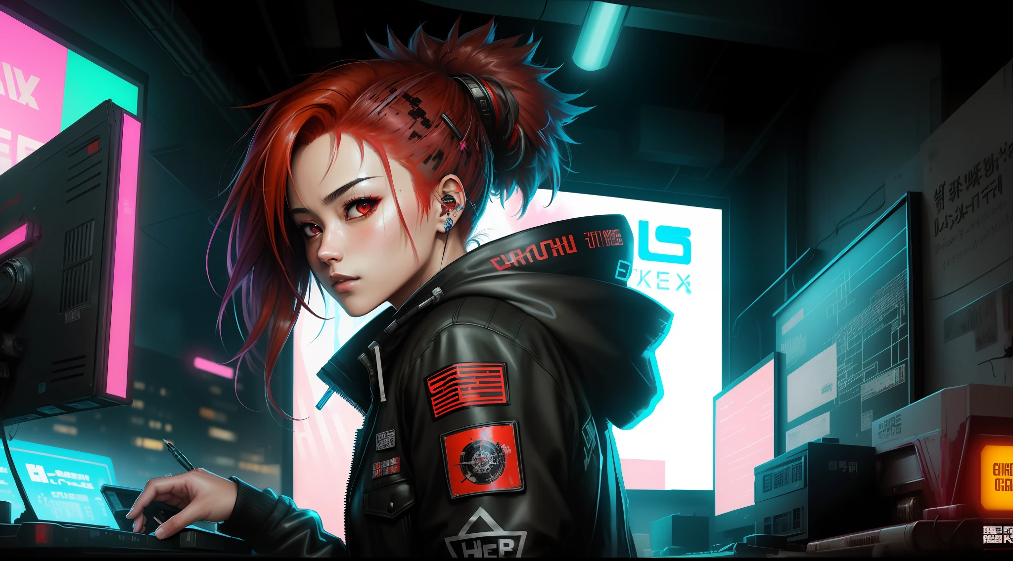 "Artistic Image, The center of this scene is a cyberpunk Japanese hacker with striking dark red hair and eyes. She is seen amidst her high-tech environment, adorned with a sticker of Disney Banksy art. The image should be a blend of digital illustration and anime, featuring a level of detail that brings the character and scene to life. The hacker's anatomy is perfect, capturing the essence of both freedom and soul. Drawing inspiration from Kim Jung Gi, Carne Griffiths, and Wadim Kashin, the illustration features sharp focus, smooth transitions, and an underlying watercolor aesthetic. The environment is filled with digital screens and neon lights, adding to the cyberpunk atmosphere.", 35mm, Medium Shot, Studio Lighting, Highly Detailed, Octane Render