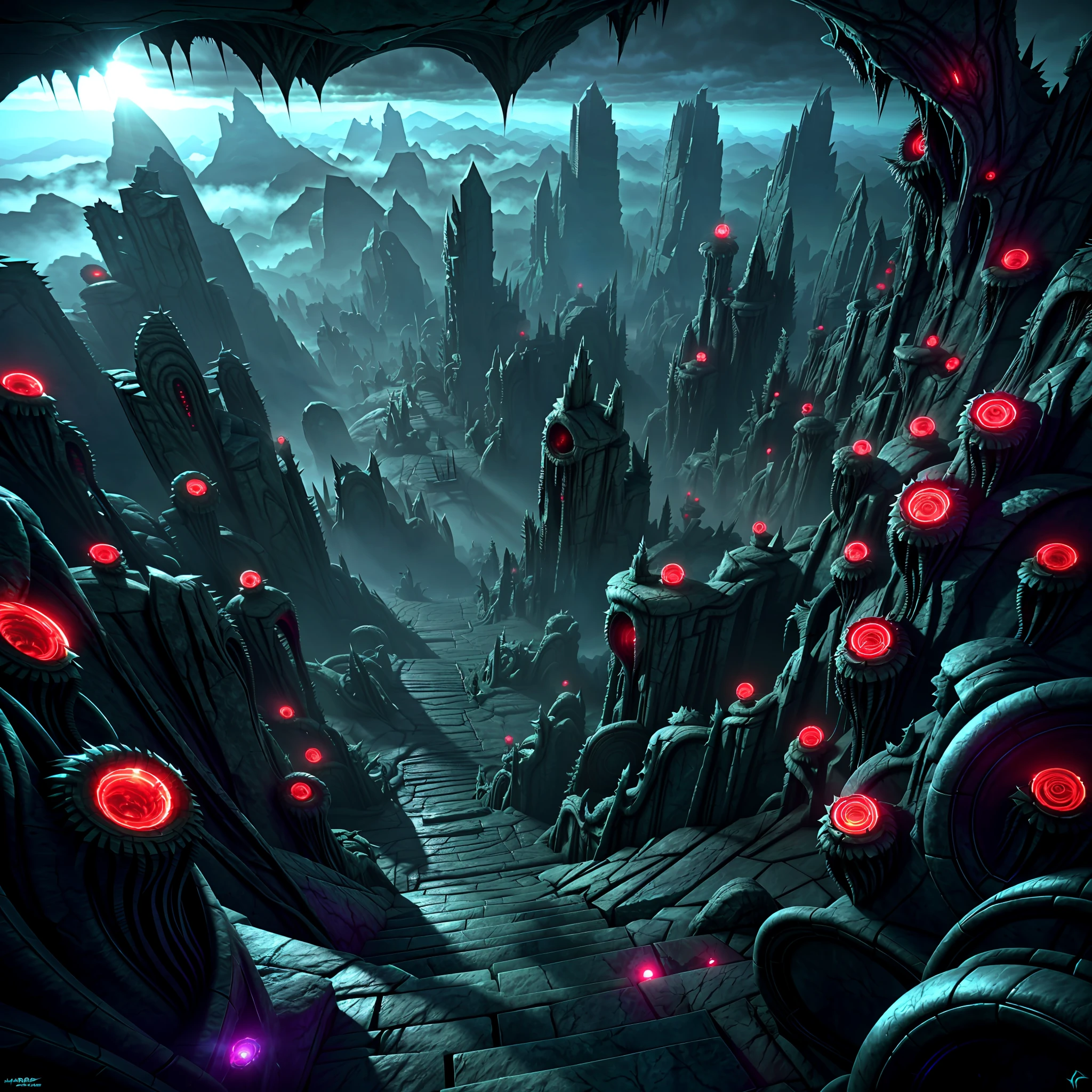 view from the top of the peak, horror art landscape, complex biomechanicals monuments, biomorphic beings from the 4th dimension, spiked walls, madness, thorns, horror art, artstation, UHD, unreal engine, line art drawing style.
