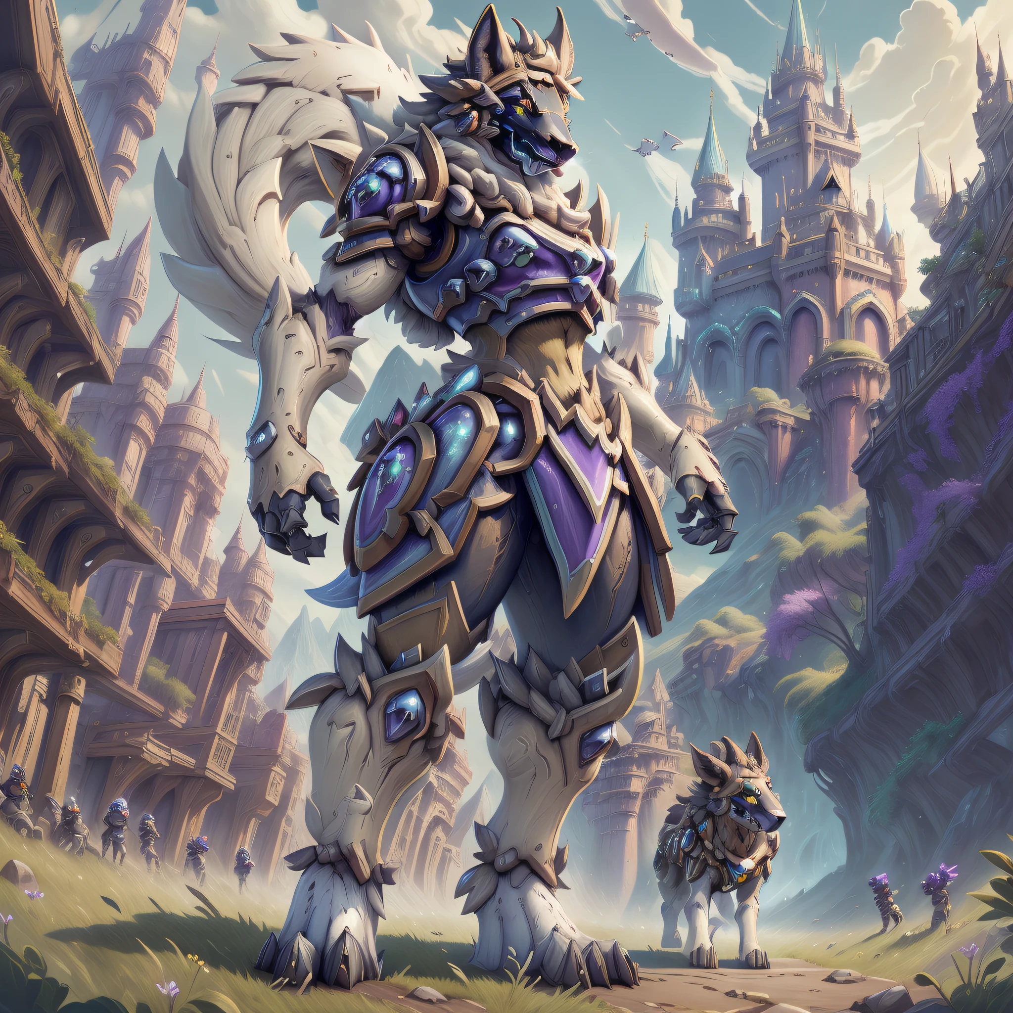 araffe in a fantasy setting with a castle in the background, anthro art, furry fantasy art, collectible card art, fantasy card game art, husky in shiny armor, good boy giant mecha wolf hound, hearthstone card game artwork. ”, anthro paw pov art, anthro concept art, hearthstone card game artwork, portrait of a gnoll, full art
