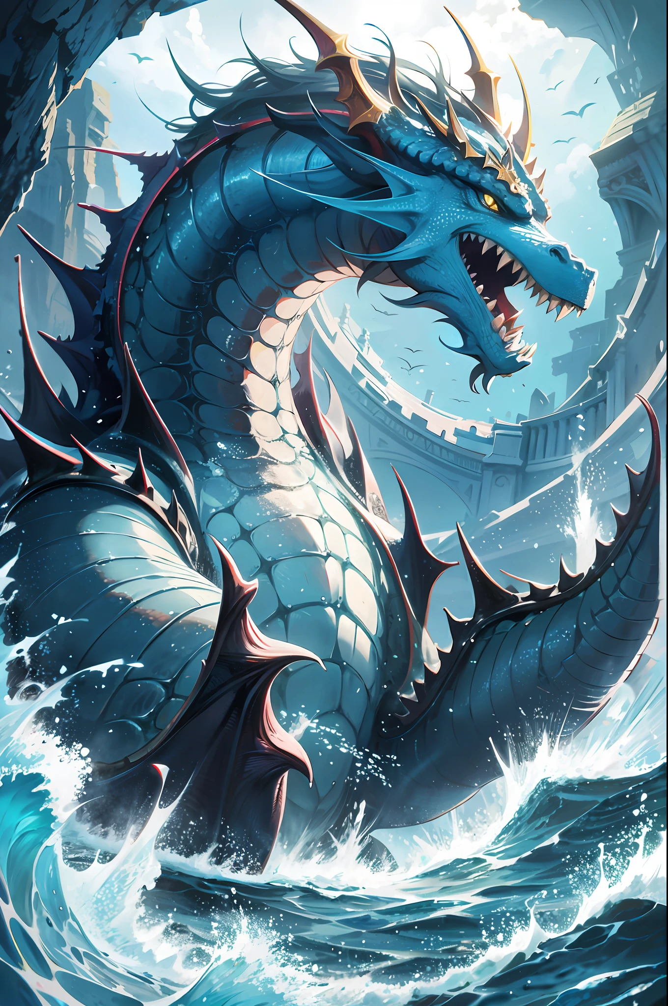 A sea monster a gigantic creature like a dragon, underwater submerged, magic, medieval world dnd