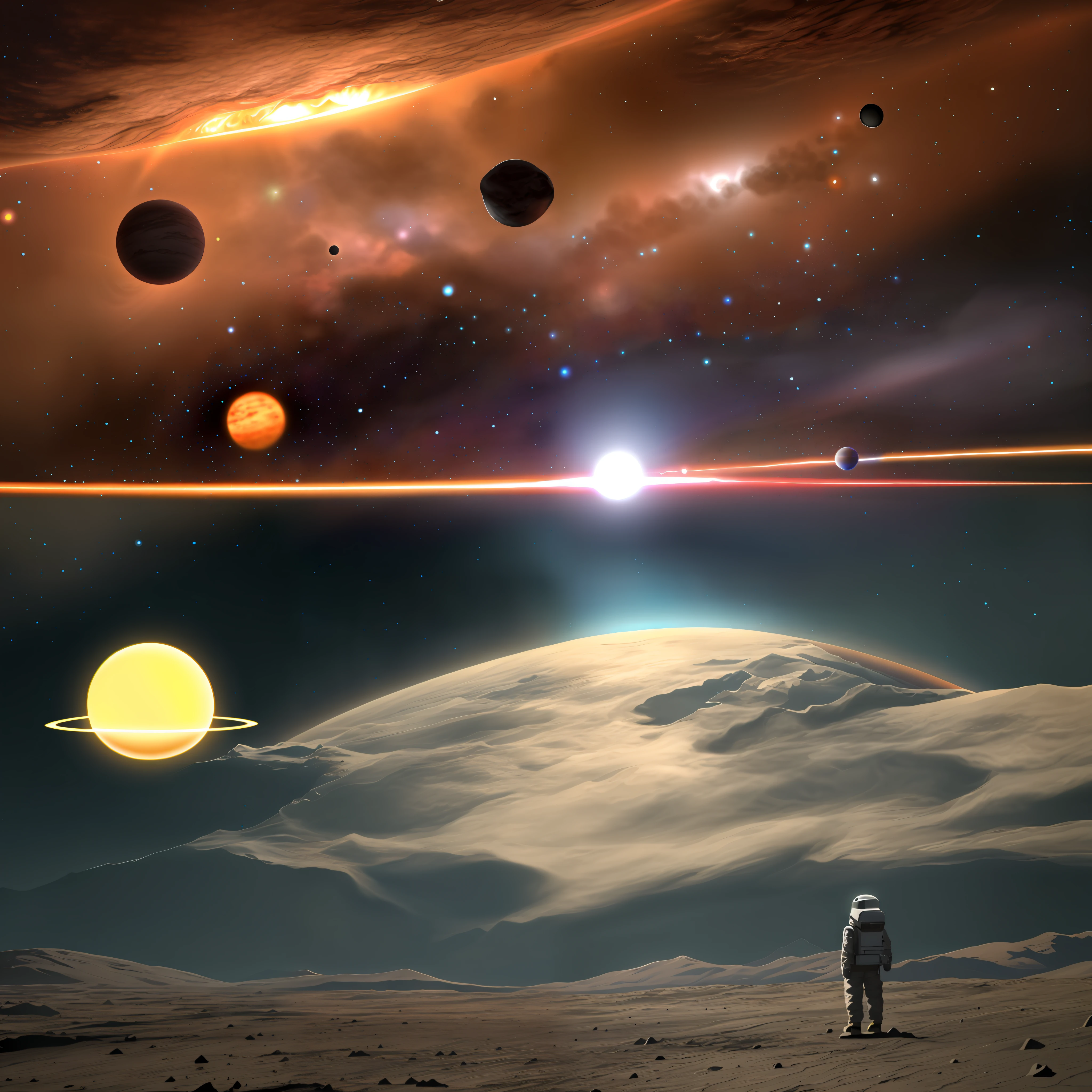 You are a space traveler in a remote solar system. You find yourself in front of a bright sun, surrounded by six distinct planets. The nearest planet is a scorching desert, while the second is a gas giant with impressive rings. The third planet is an ocean world with huge floating islands, while the fourth is a rocky planet with extensive rainforests. The two most distant planets are an icy world and a red planet, covered by active volcanoes. With your camera in hand, you get to capture the beauty and grandeur of this solar system in ultra-realistic 4K."