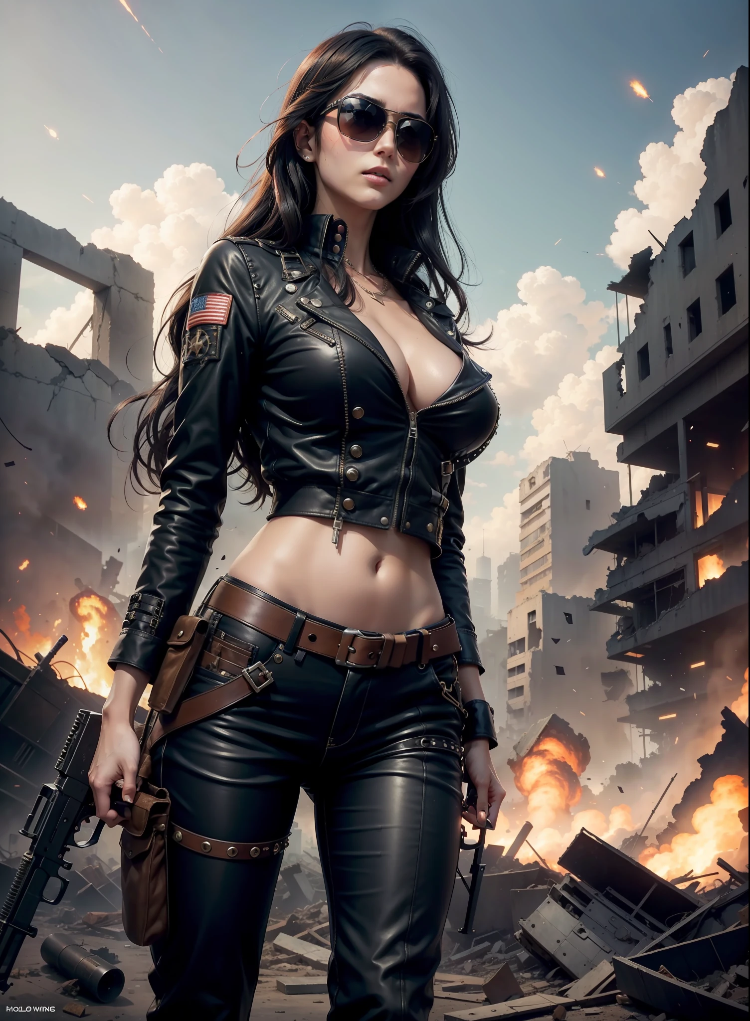 Medium breasted woman, pants, rivets, holsters, big gun, long black hair, sunglasses, in the ruins, explosions behind. night