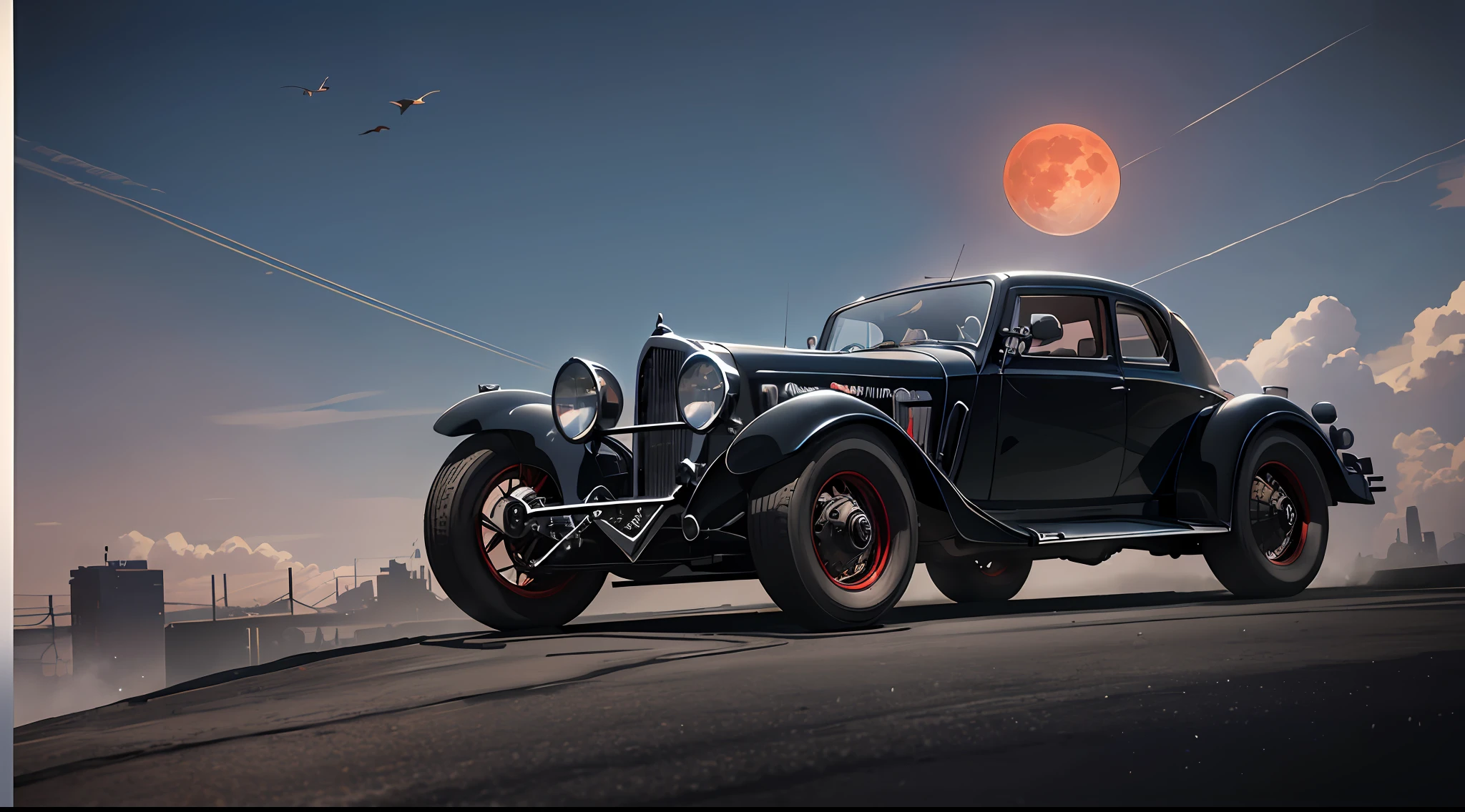 Film still, m Batmobile of a gangster standing on a cliff, red moon in the sky, high detail, 1930s gotham city building, masterpiece, (HDR)(wallpaper)(film lighting)(sharp focus), masterpiece, best quality, (extremely detailed CG 8k unit wallpaper), (best quality) --auto --s2