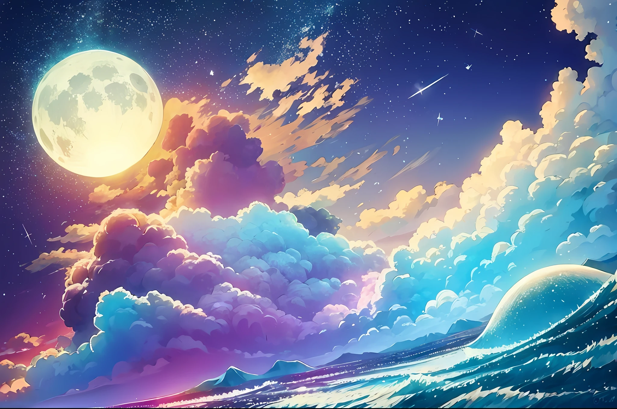 Masterpiece beautiful, volumetric lighting, (ambrosia), gust of wind, mountains stars ocean forest, (oro:1.2), floating island, will-o'-the-wisp \(mythology\), lily \(flower\), firefly, clouds moon, fragrance