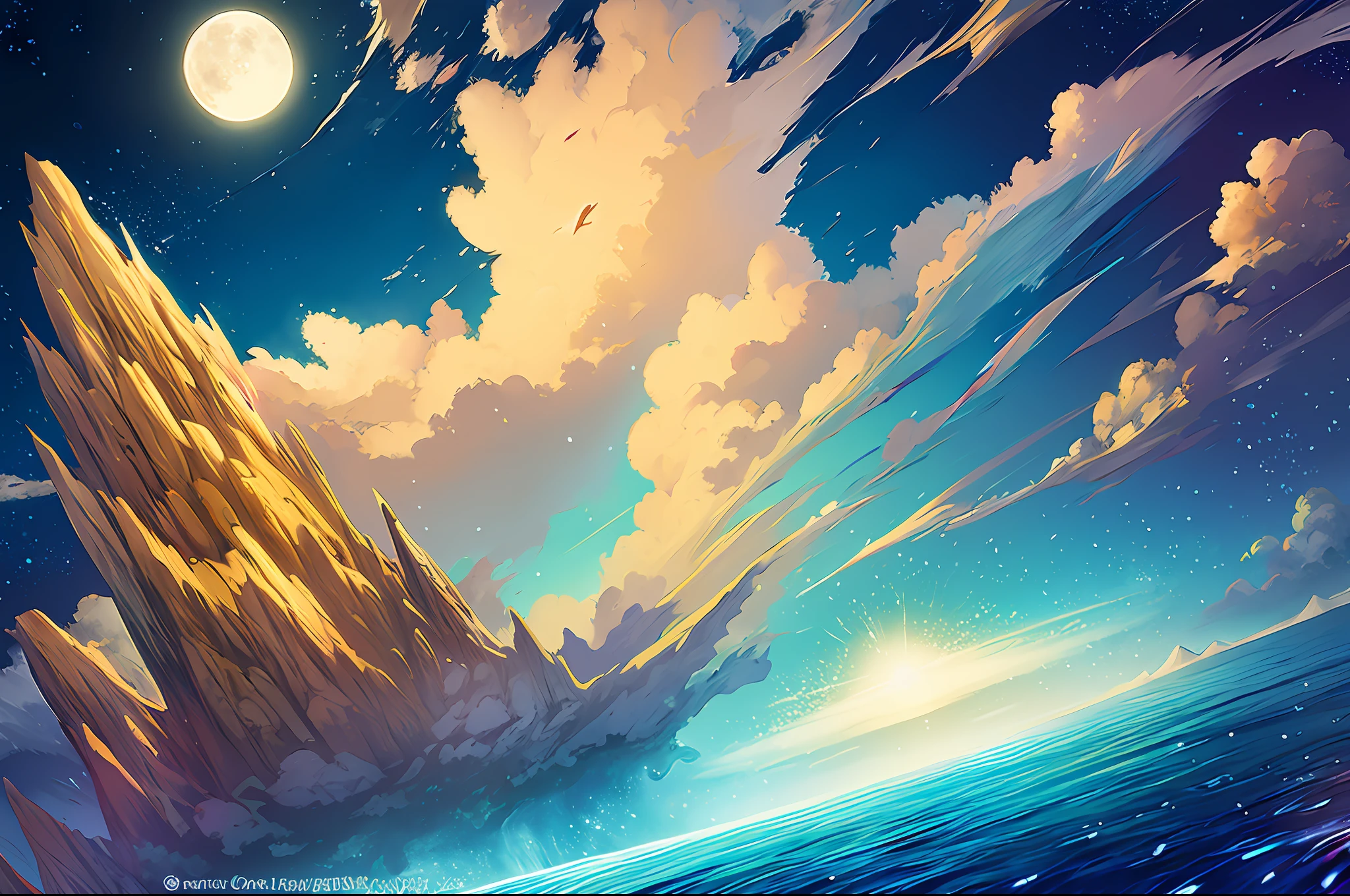 Masterpiece beautiful, volumetric lighting, (ambrosia), gust of wind, mountains stars ocean forest, (oro:1.2), floating island, will-o'-the-wisp \(mythology\), lily \(flower\), firefly, clouds moon, fragrance