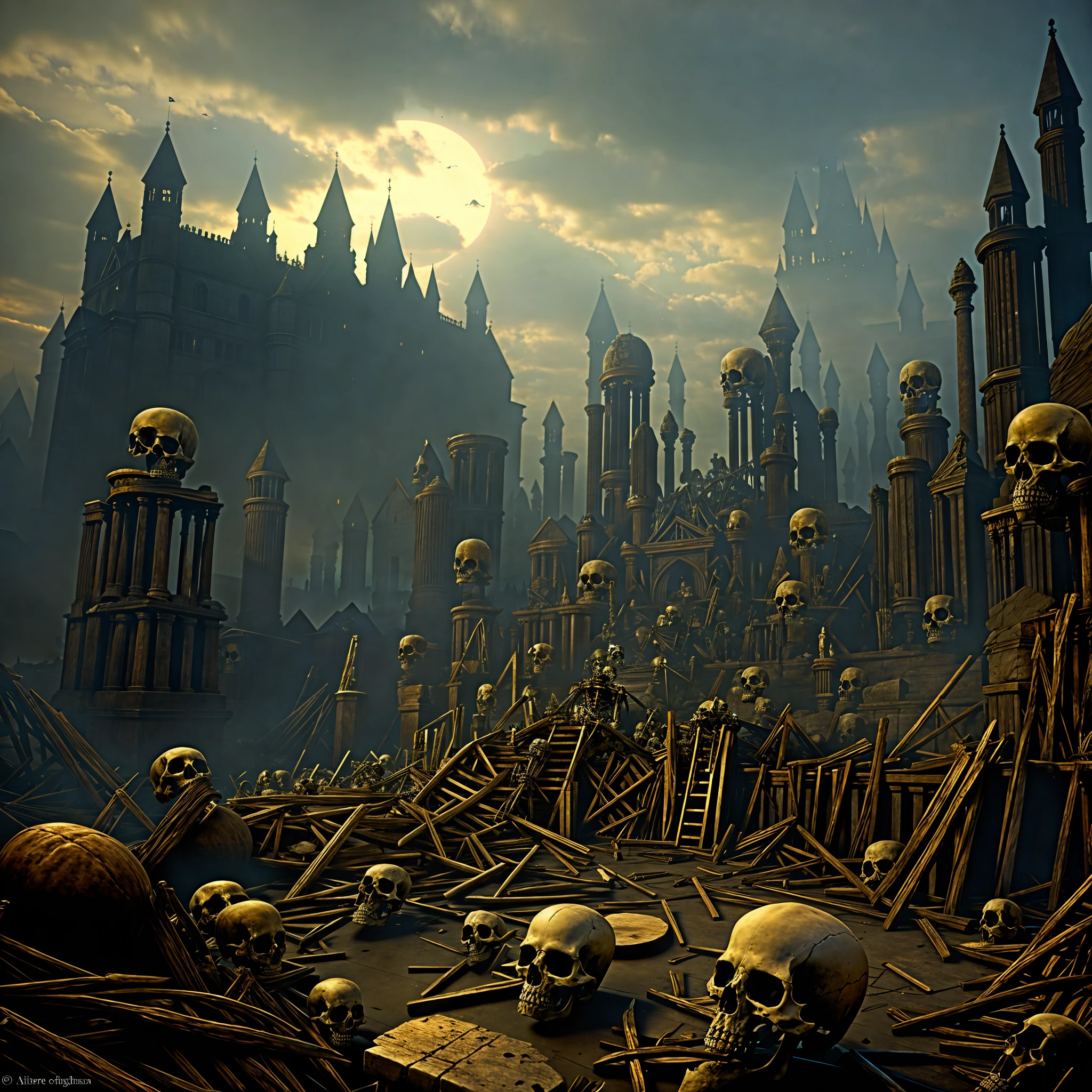 realistic image of piles of human bones, skeleton remains, powerful, spooky, haunted, scary, creepy, magical, fantasy, rendered as a matte painting