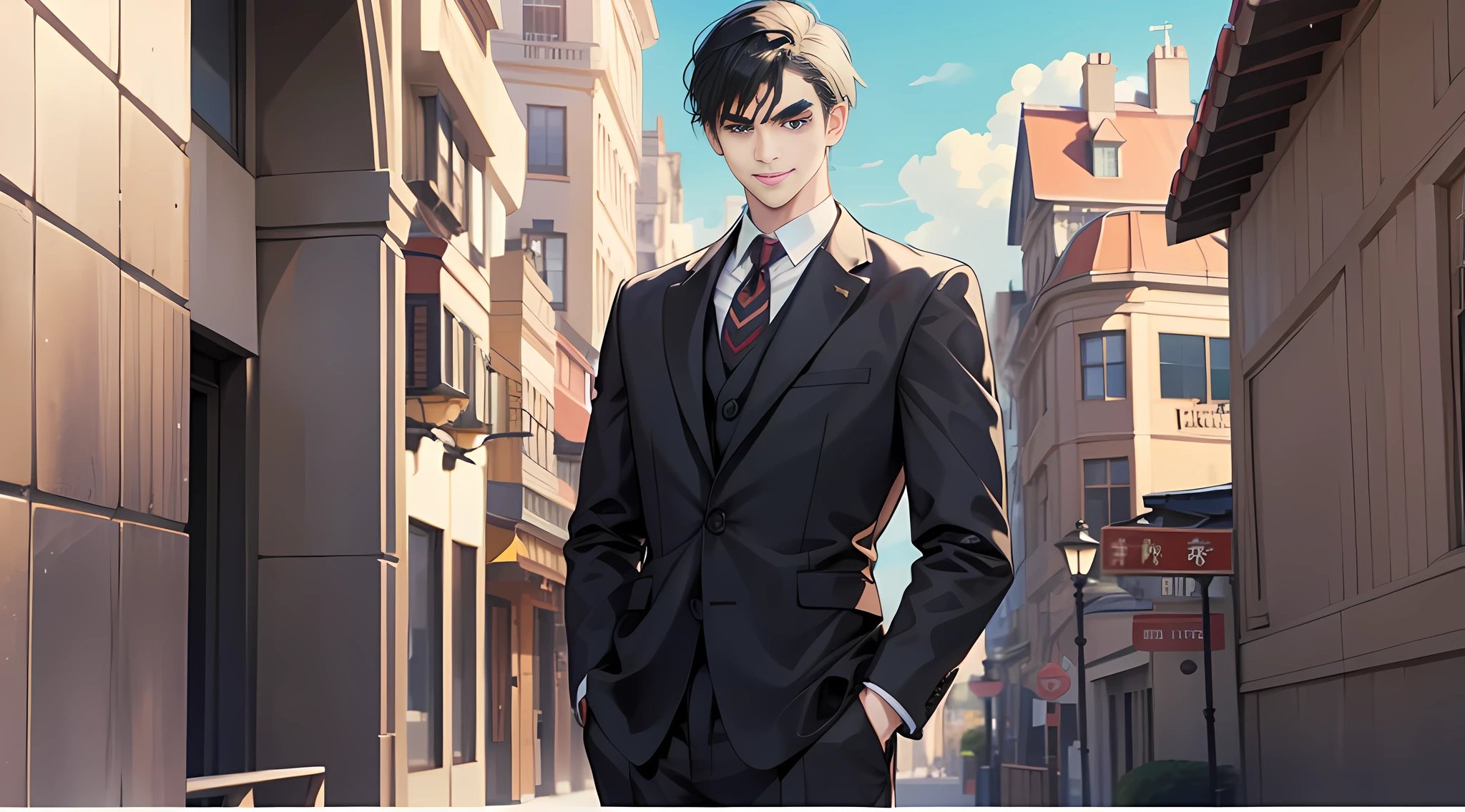 Style manga, 1 male character, president, V-shaped eyebrows, short hair, black, wearing a suit, smiling, hands in pockets, background is in the hotel.