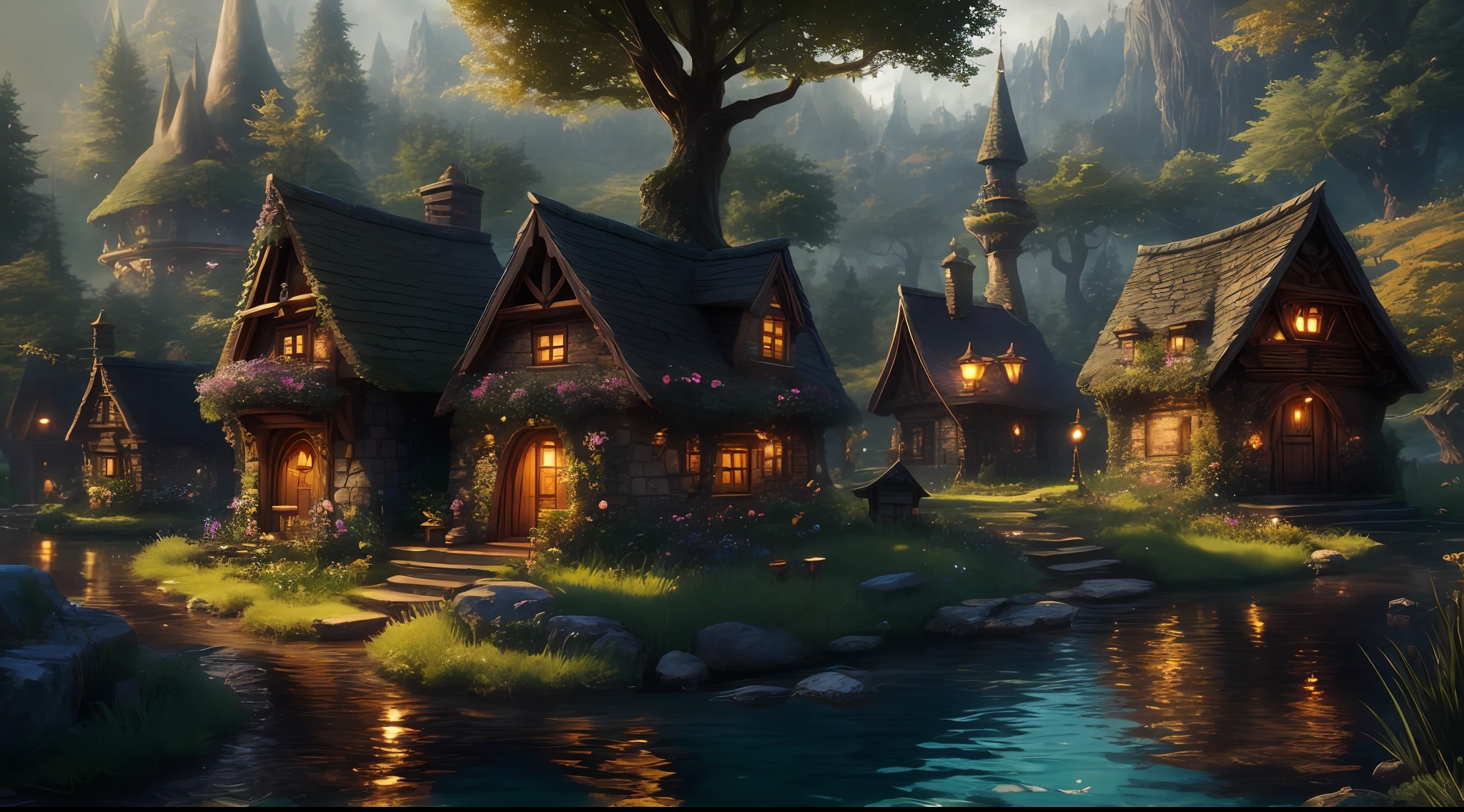 Magical Fairy Village - There are two small houses in the middle of a forest, beautiful rendering of a fairy tale, render realistic fantasy, fantasy style 8k octane render, fantasy matte painting, cute, magic village, medeival fantasy town, fantasy town setting, fantasy 3 d render, a bustling magical city, (octane render) fantasy style, unreal engine fantasy art, villages,  Unreal Engine