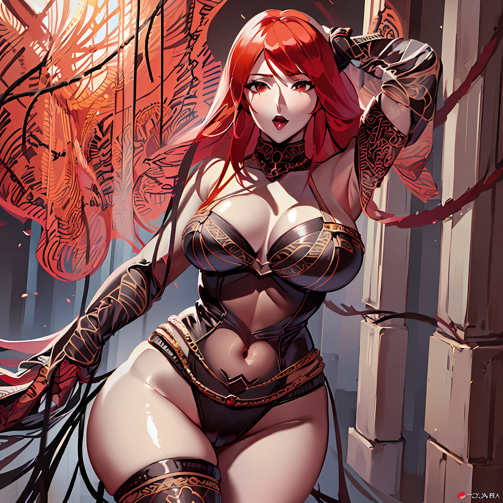 Tall beautiful woman ((sexy)) ((redhead)) of (armor) ((sensual)) ((sexy pose)) sample breasts (((thick thighs)) (tongue) ((diaba)) tower((gothic)) ((well detailed)) (((high resolution)) ((high quantity image)) (full hd)