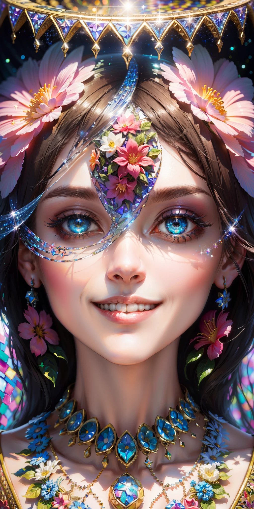 Flower, smile, Surrealism, mosaic art, sparkle, backlighting, 8k, super detail
