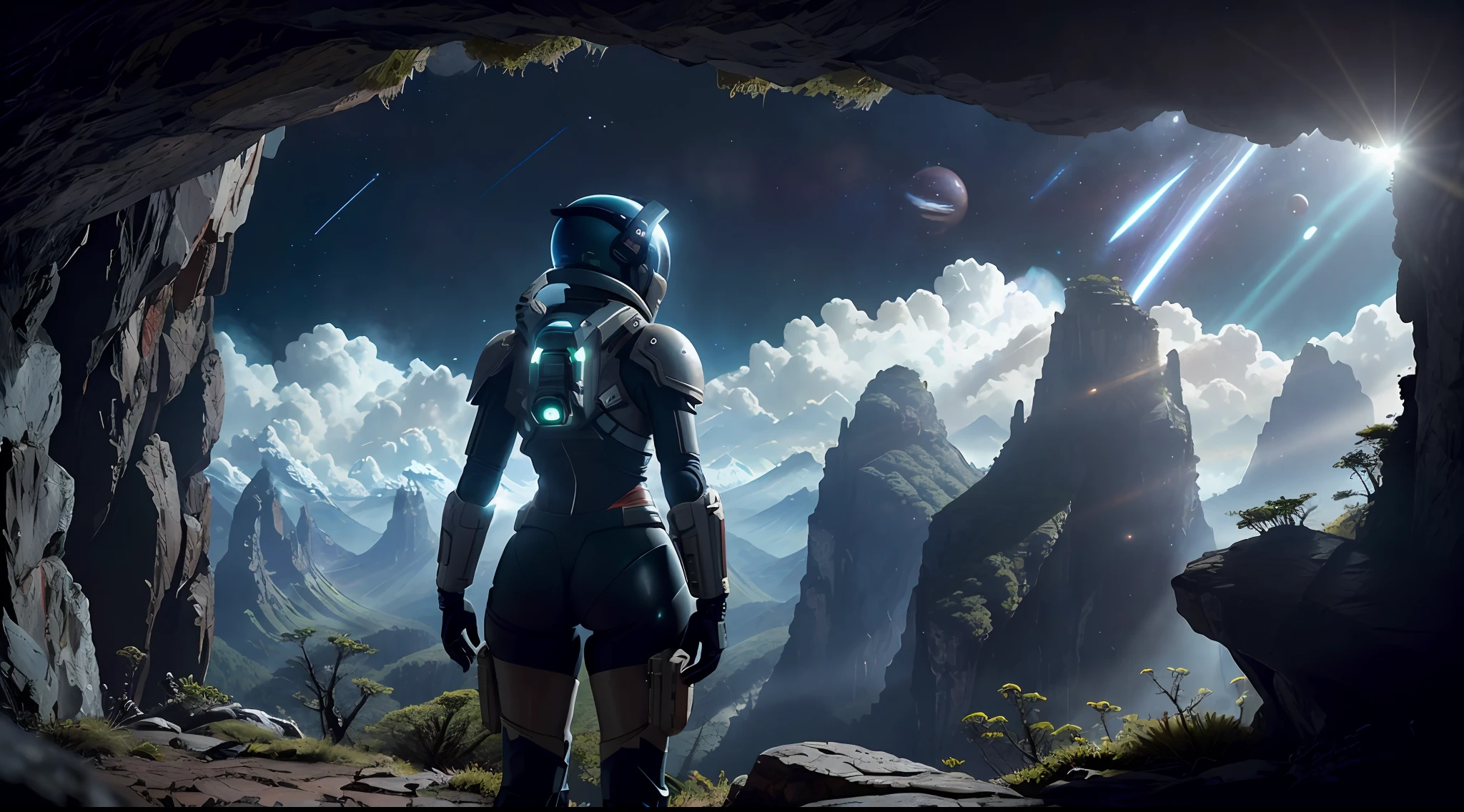 (35mmstyle:1.2), Highly detailed RAW color Photo, Rear Angle, Full Body, of (female space marine, wearing white and red space suit, futuristic helmet, tined face shield, rebreather, accentuated booty), outdoors, (standing on Precipice of tall rocky mountain, looking out at magical lush green rain forest on alien planet), vivid detail, (exotic alien planet), toned body, big butt, (sci-fi), (mountains:1.1), (lush green vegetation), (two moons in sky:0.8), (highly detailed, hyperdetailed, intricate), (lens flare:0.7), (bloom:0.7), particle effects, raytracing, cinematic lighting, shallow depth of field, photographed on a Sony a9 II, 35mm wide angle lens, sharp focus, cinematic film still from Gravity 2013, viewed from behind, dynamic angle