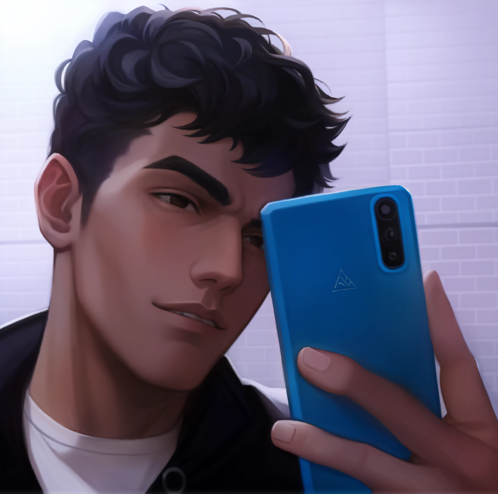 arcane style, 1guy,  solo, letterboxed, black hair, brown eyes, blurry background, , thick eyebrows, white teeth, indoors, portrait, ((masterpiece))