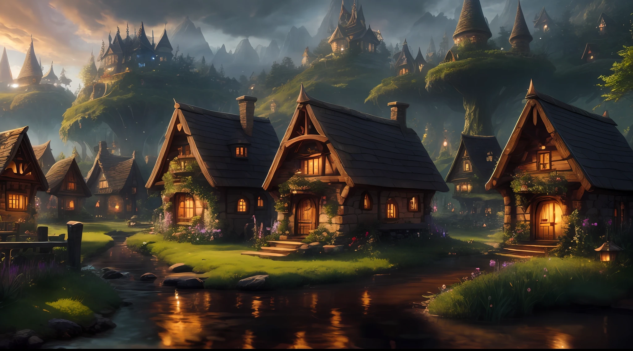 Magical Fairy Village - There are two small houses in the middle of a forest, beautiful rendering of a fairy tale, render realistic fantasy, fantasy style 8k octane render, fantasy matte painting, cute, magic village, medeival fantasy town, fantasy town setting, fantasy 3 d render, a bustling magical city, (octane render) fantasy style, unreal engine fantasy art, villages,  Unreal Engine