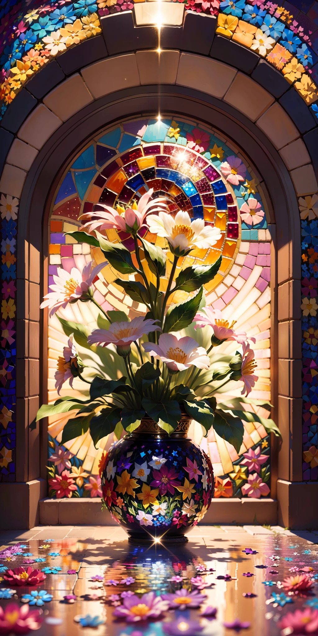 Flower, smile, Surrealism, mosaic art, sparkle, backlighting, 8k, super detail