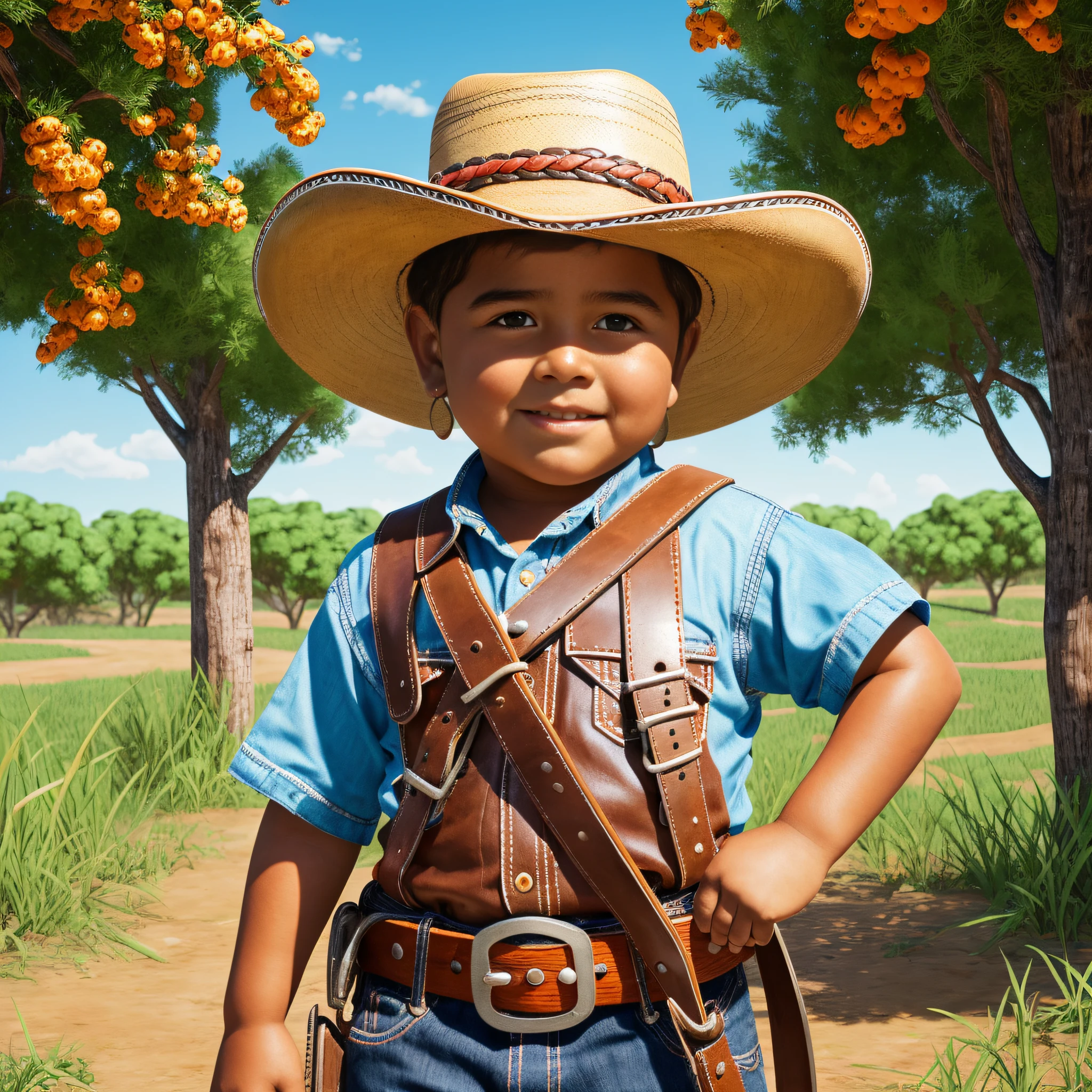 A chubby, 8-year-old Latino boy face, tanned skin, wearing cowboy clothes, cowboy hat, belt with cowboy buckles and a knife tied around his waist, an orange-haired dog in the background on a farm, ultra realistic details, 4k