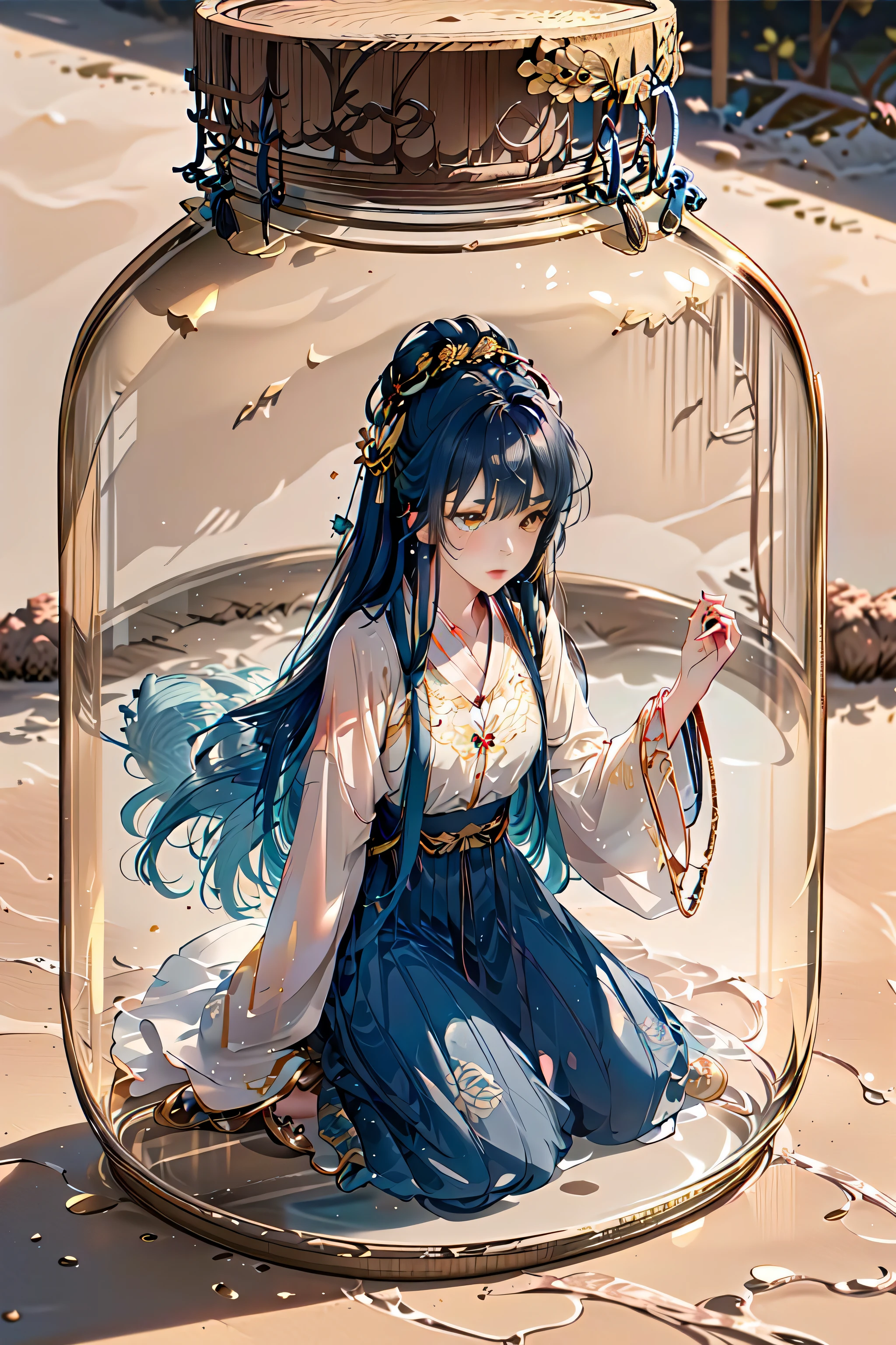 best quality, intricate details, highres,(beautiful detailed water:1.4),(hanfu, tang style),yellow eyes,(1girl in glass jar:1.1),