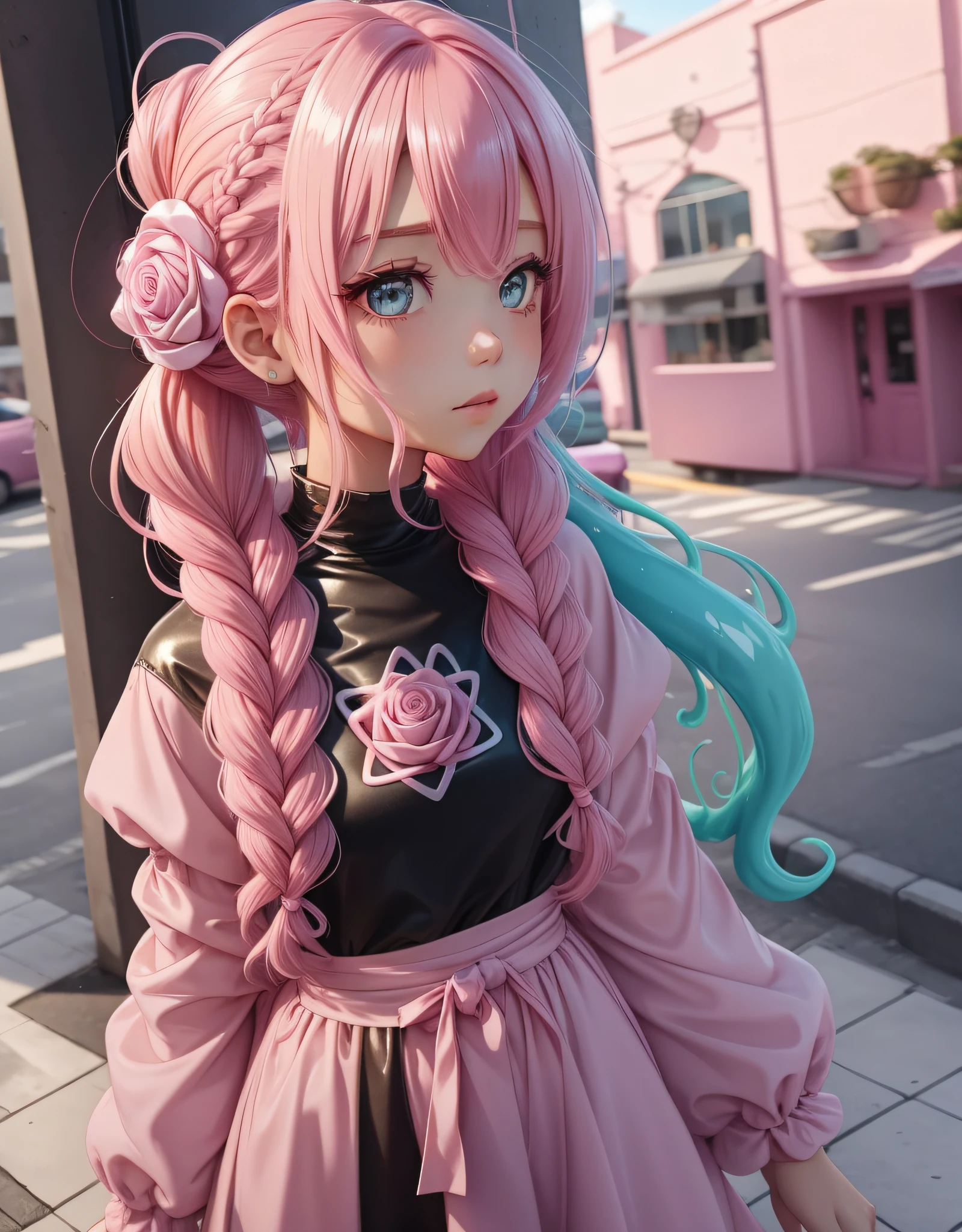 Slime girl, (slime), Slime hair fishtail hair style, Rose pink bonbon, Edgy clothing, Masterpiece, Best Quality