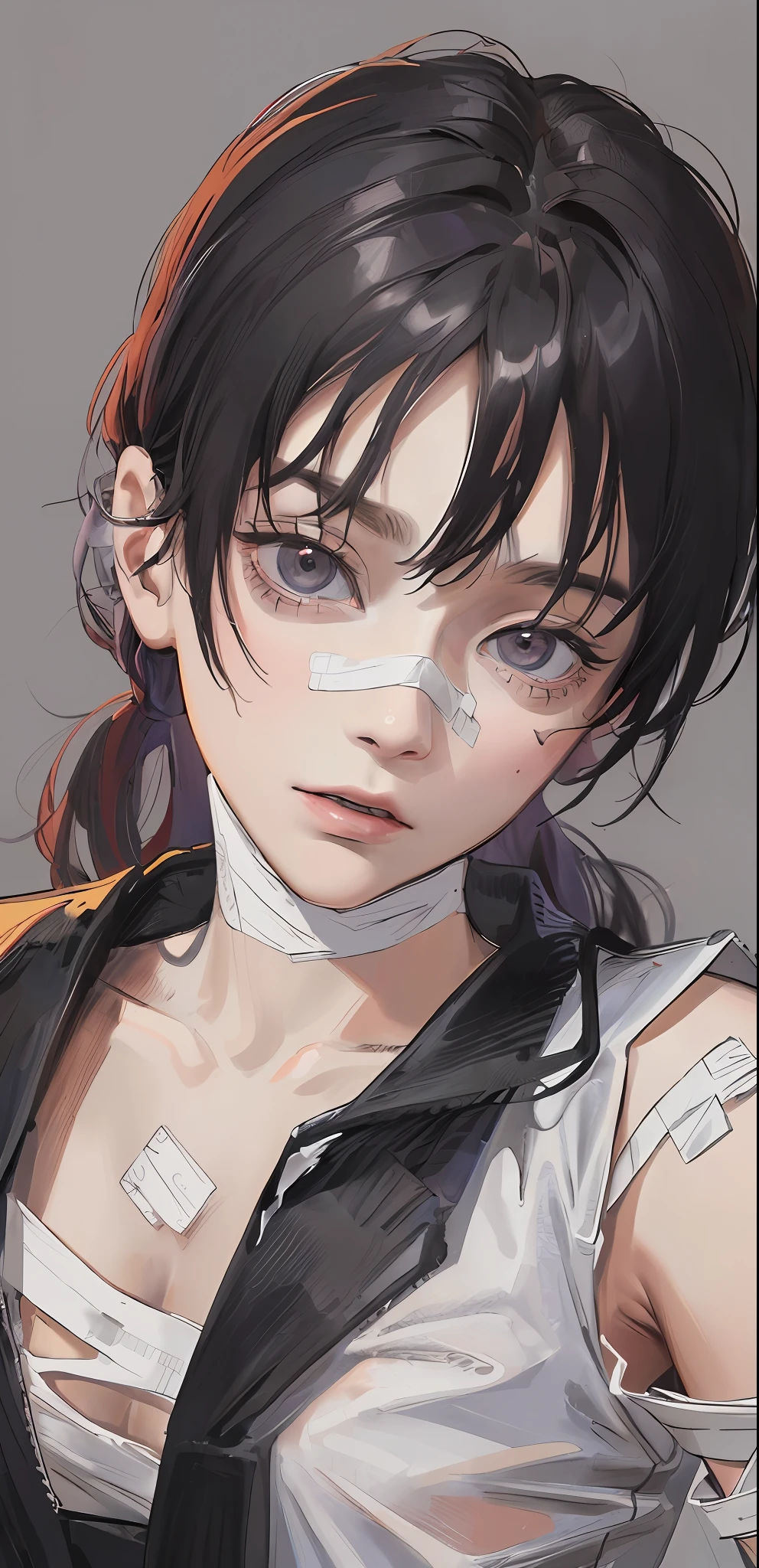 ((masterpiece, best quality)), (1girl), (solo), (female focus), Asa Mitaka \(chainsaw man\),(very detailed face, real image, realistic skin, realistic body, intricate details), upper body, dark eyes, bandages over the body, black hair, casual shirts, bandages, bandages, small breasts, classroom, Blur background
