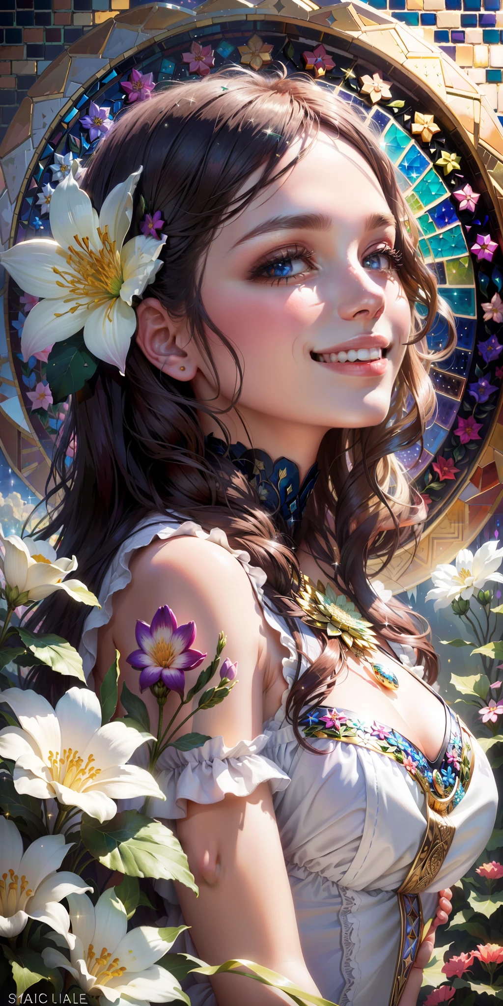 Flower, smile, Surrealism, mosaic art, sparkle, backlighting, 8k, super detail