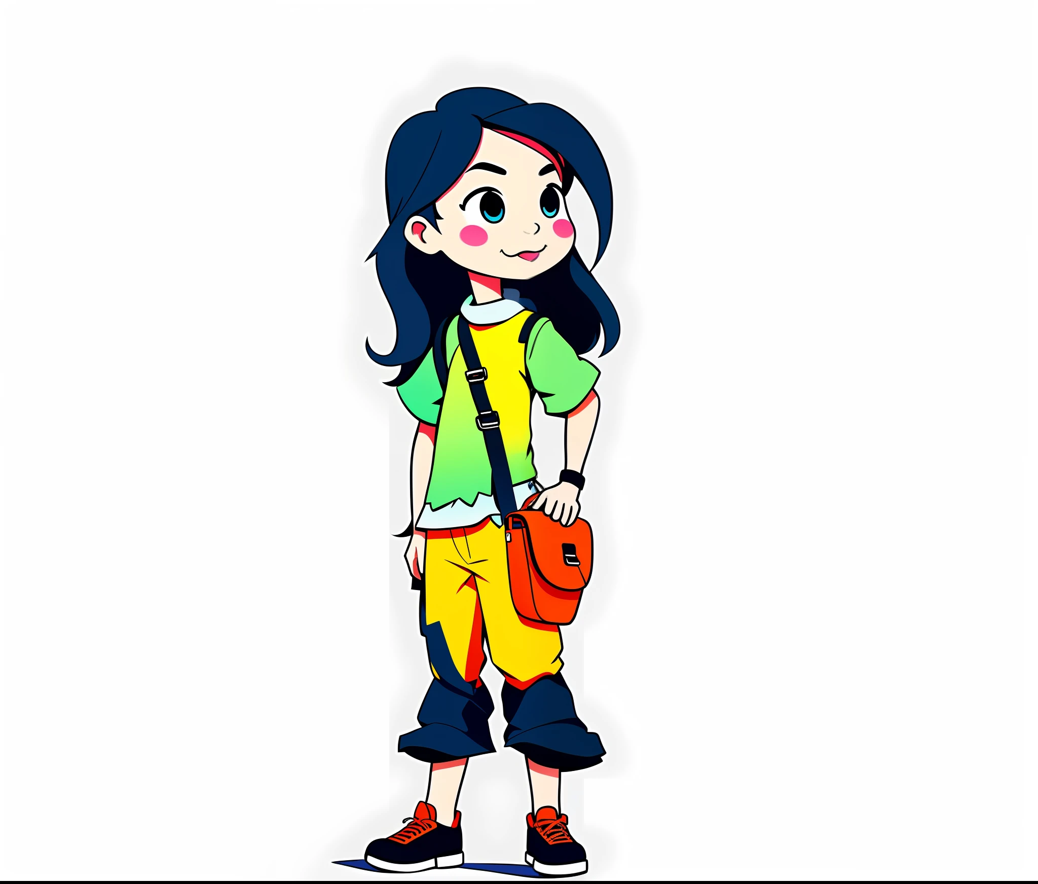 Cartoon girl with a bag, standing girl, colorful lineart, female explorer mini girl bonia, hd, full body character drawing, character is standing, unrealistic character concept, simple cartoon style, character drawing, character is in his natural pose, character illustration, merged character, simple line art