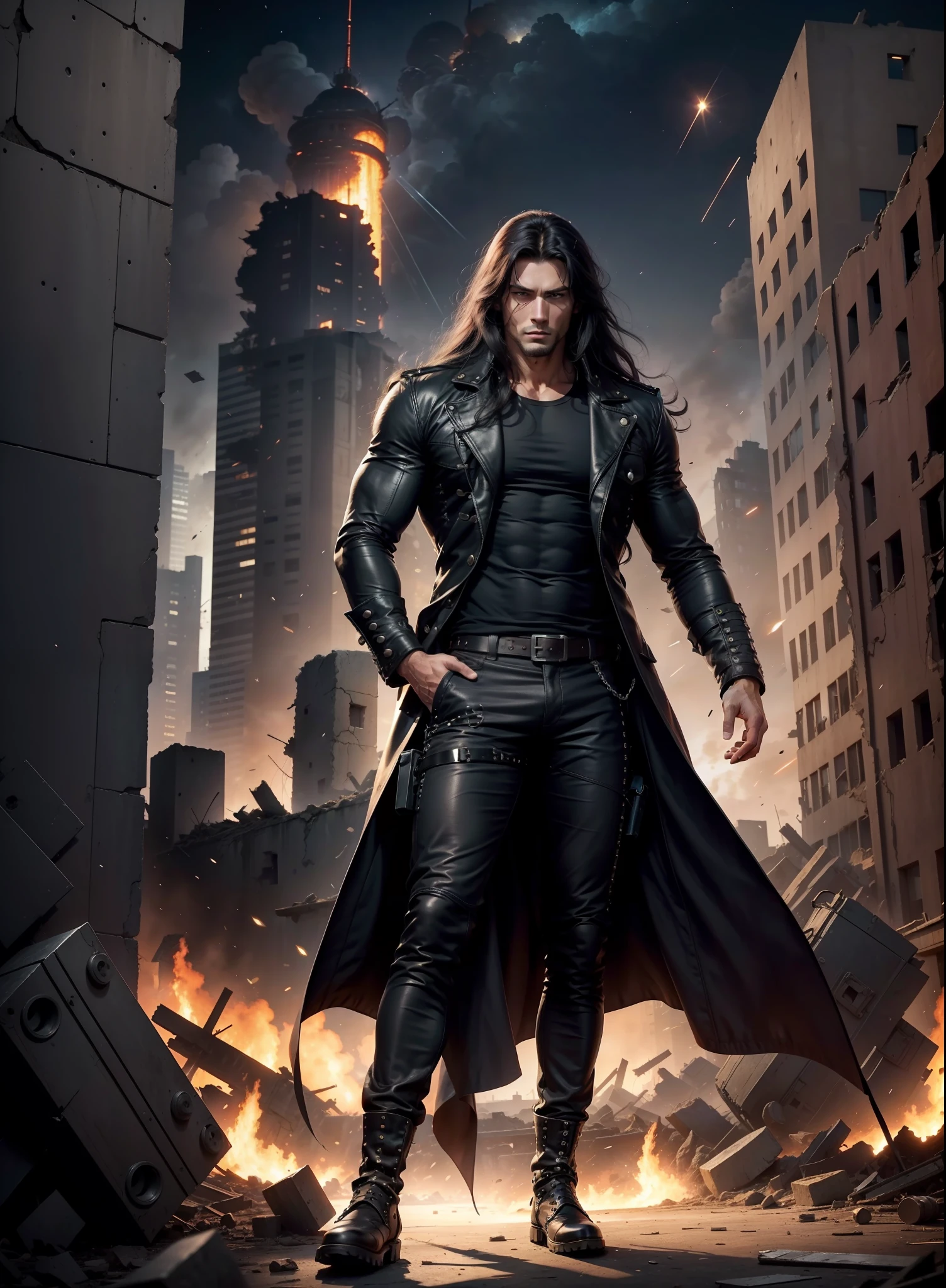 muscular man, pants, rivets, holsters, long black hair, , long t-shit, long coat, in the ruins, explosions ago, night