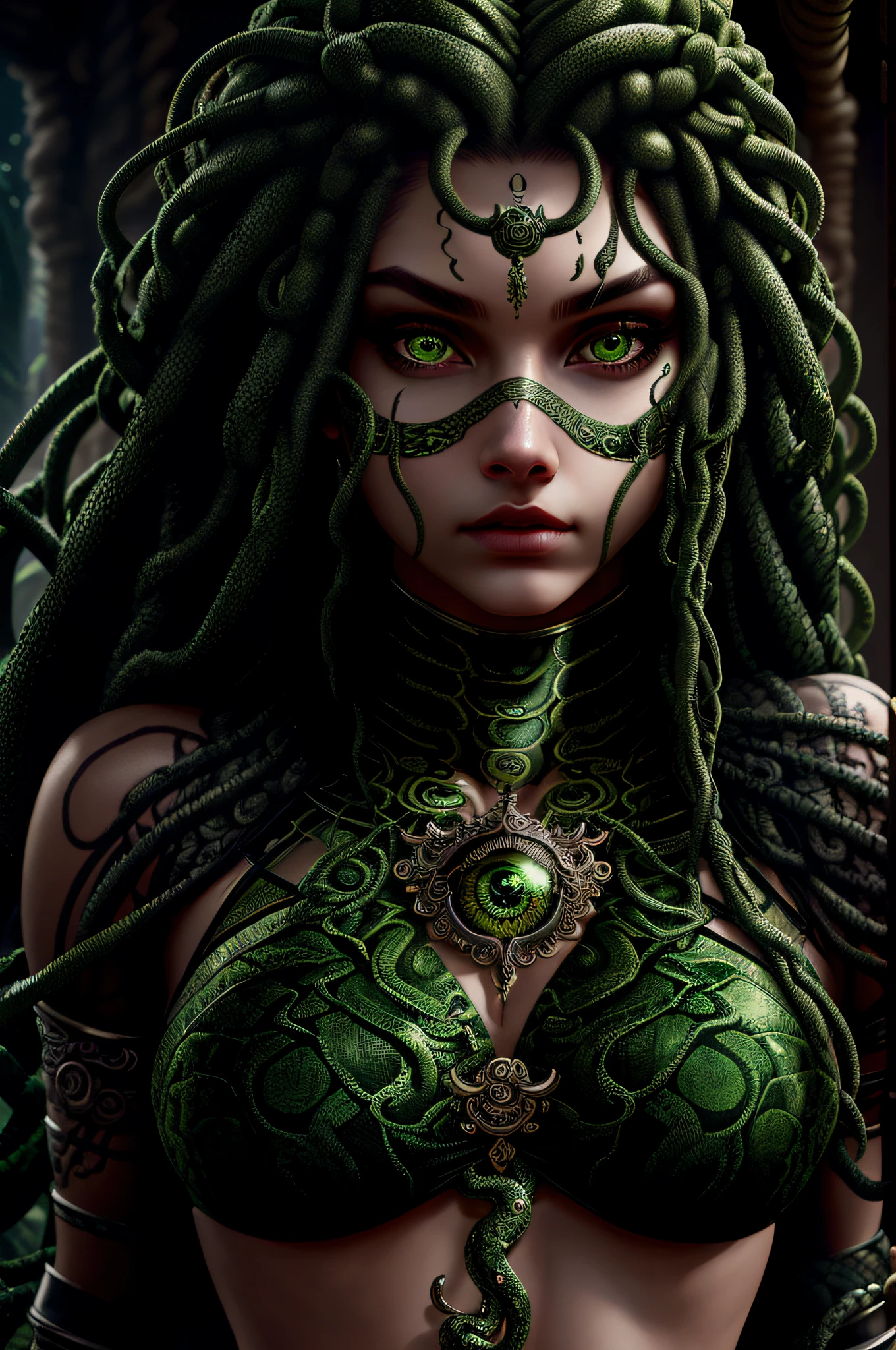 ((best quality)), ((realistic)), Medusa, upper body, hair is made up of countless snakes, green eyes, female face, metal underwear, trending on artstation, clear focus, studio shot , intricate detail, highly detailed, detailed eye, illustration, highly detailed, sharp focus, digital render, professional, 4k