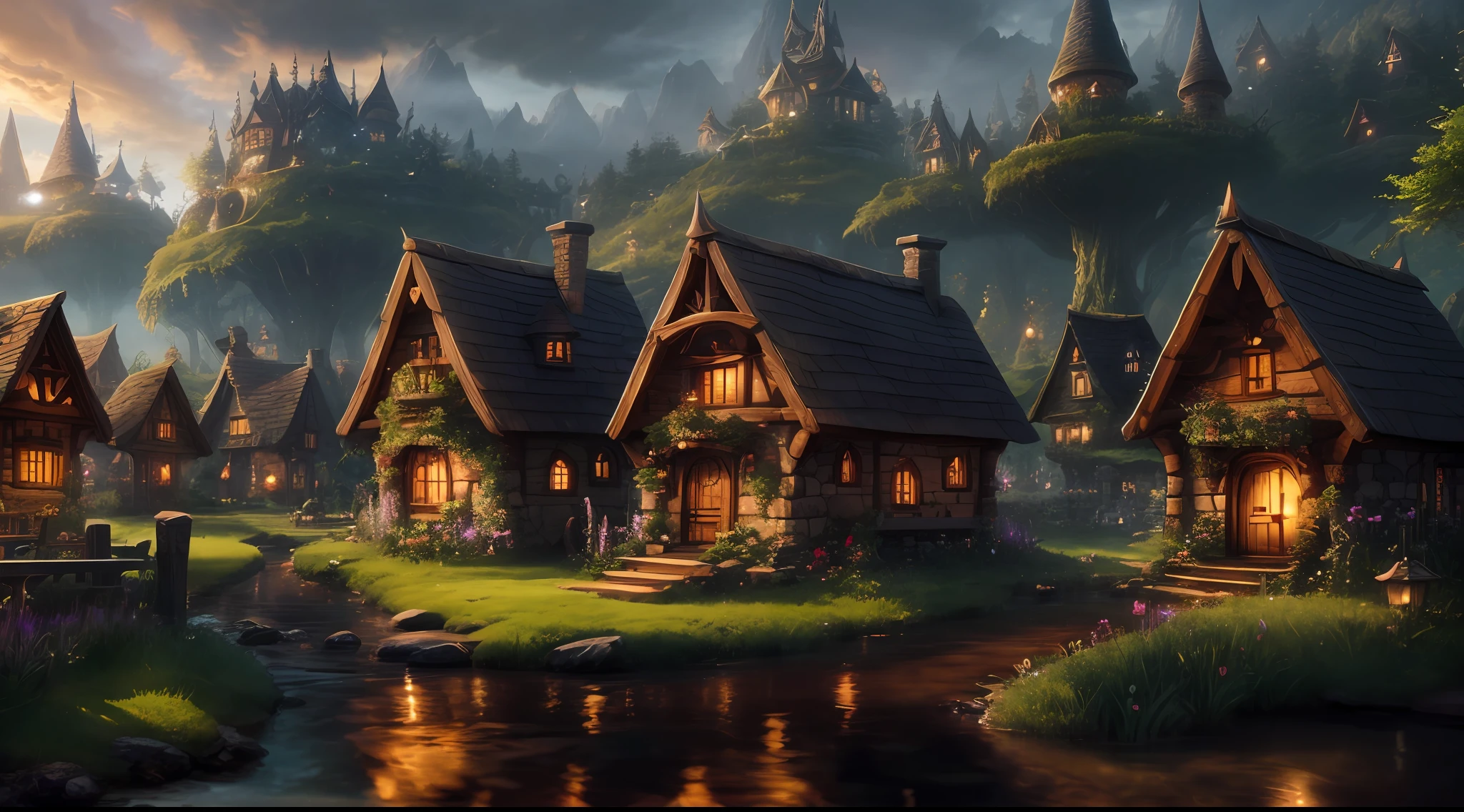 Magical Fairy Village - There are two small houses in the middle of a forest, beautiful rendering of a fairy tale, render realistic fantasy, fantasy style 8k octane render, fantasy matte painting, cute, magic village, medeival fantasy town, fantasy town setting, fantasy 3 d render, a bustling magical city, (octane render) fantasy style, unreal engine fantasy art, villages,  Unreal Engine