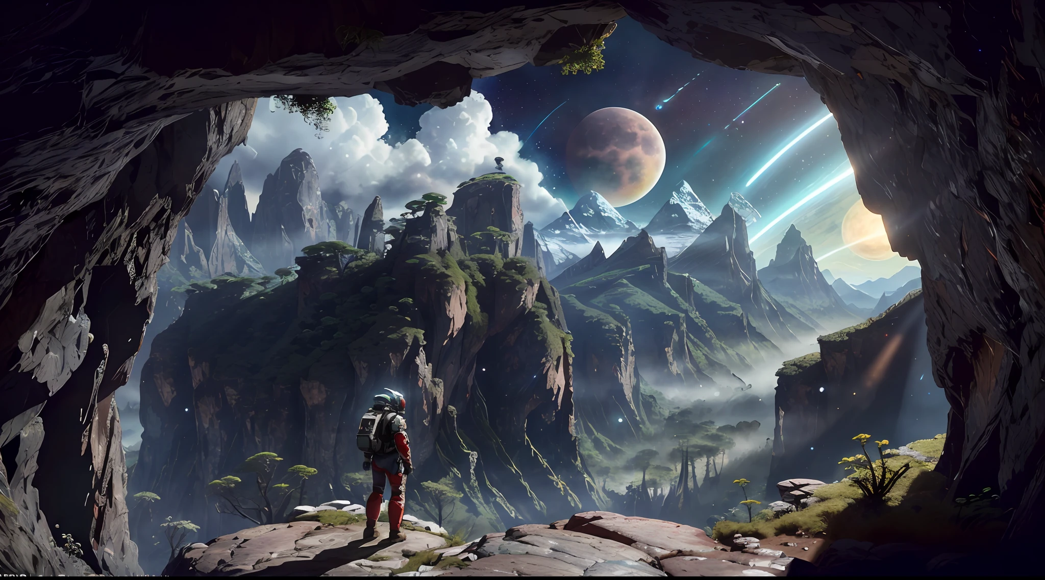 (35 mm style: 1.2), highly detailed RAW color photo, rear angle, full body, of (female space marine, wearing white and red space suit, futuristic helmet, pointed face shield, rebreather, sharp booty), outdoor, (standing on the cliff of high rocky mountain, looking out over the magical verdant rainforest on alien planet), vivid details, (exotic alien planet),  toned body, big ass, beautiful ass, symmetrical buttocks, (science fiction), (mountains: 1.1), (lush green vegetation) , (two moons in the sky: 0.8), (highly detailed, hyperdetailed, intricate), (lens reflection: 0.7), (flowering: 0.7), particle effects, ray tracing, cinematic lighting, shallow depth of field, photographed on a Sony a9 II, 35mm wide-angle lens, sharp focus,  cinematic film of Gravity 2013, seen from behind, dynamic angle