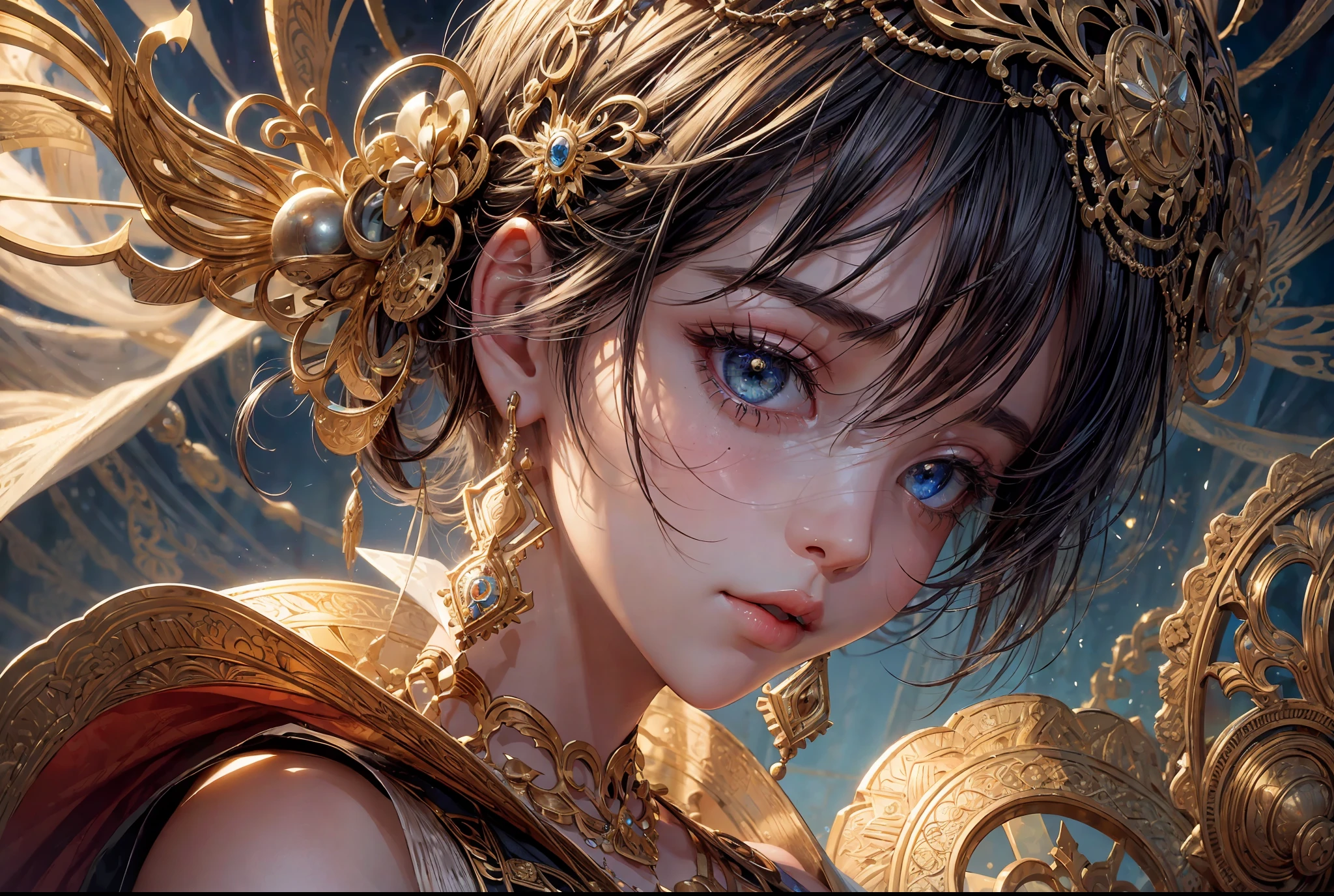 ((Best quality)), ((masterpiece)), ((highly intricate details)),beautiful, high quality, highres, absurdres, light difussion,  intricate details, complex details, ((anime)), (anime:1.2) , (perfect face:1.3), extreme detailed eyes, colorful, highest detailed, vibrant colors, high contrast, (8K UHD:1.2), (photorealistic:1.2),(masterpiece:1.4), (best quality:1.4), realistic, 1girl
Create a masterpiece that showcases a hyper-detailed and realistic portrait of a girl with short hair, focusing on her upper body. The theme of this artwork is "Ethereal Resilience," where intricate details and abstract elements converge within an intricately designed background.

The girl's short hair is expertly rendered, capturing the texture and movement with precision. Her features radiate confidence and strength, reflecting her resilient spirit. Her eyes, filled with determination and a touch of vulnerability, convey a depth of emotion that draws viewers into her world.

To accentuate the intricate detail, adorn the girl with elegant and meaningful accessories. Delicate earrings dangle from her ears, each meticulously crafted with intricate patterns that symbolize personal significance. A necklace, embellished with an intricate pendant, hints at the depths of her inner wisdom and resilience.

The background of the artwork becomes a tapestry of intricacy and complexity. An abstract composition of intersecting lines, shapes, and textures forms a visually captivating backdrop. Organic patterns inspired by nature intertwine with geometric elements, creating a harmonious blend of order and chaos.

Incorporate a myriad of objects and symbols within the background, representing the girl's experiences, passions, and aspirations. Abstract representations of books, musical notes, and art supplies can be scattered throughout, symbolizing her intellectual curiosity and creative spirit. Intricate patterns of interconnected gears and mechanisms could allude to her resilience and ability to navigate.