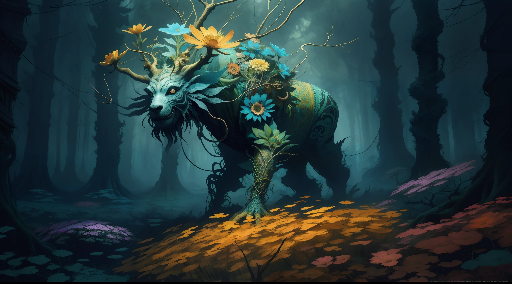 horror art, fear, unified 8k wallpaper, super detailed, beauty and aesthetics, masterpiece, best quality, (zentangle, mandala, tangles, entanglement), 1boy, (shimmering tulle earth hue complex flower woven robe: 1.2), deep and rich black shadow, (up close from the side: 1.1), earth goddess, smiling, enchanting whimsical fantasy forest background, happiness, enchanting atmosphere, very detailed, dynamic angle, cowboyshot, the most beautiful chaotic forms, elegance, fauvist design, bright colors, romanticism, by James Jean, Robbie Devi Antonio, Ross Tran, Francis Bacon, Michal Mraz, Adrian Gaini, Petra Koreit, Gerhard Richter, Takashi Yamamoto, Ashley Wood, Atmospheric
