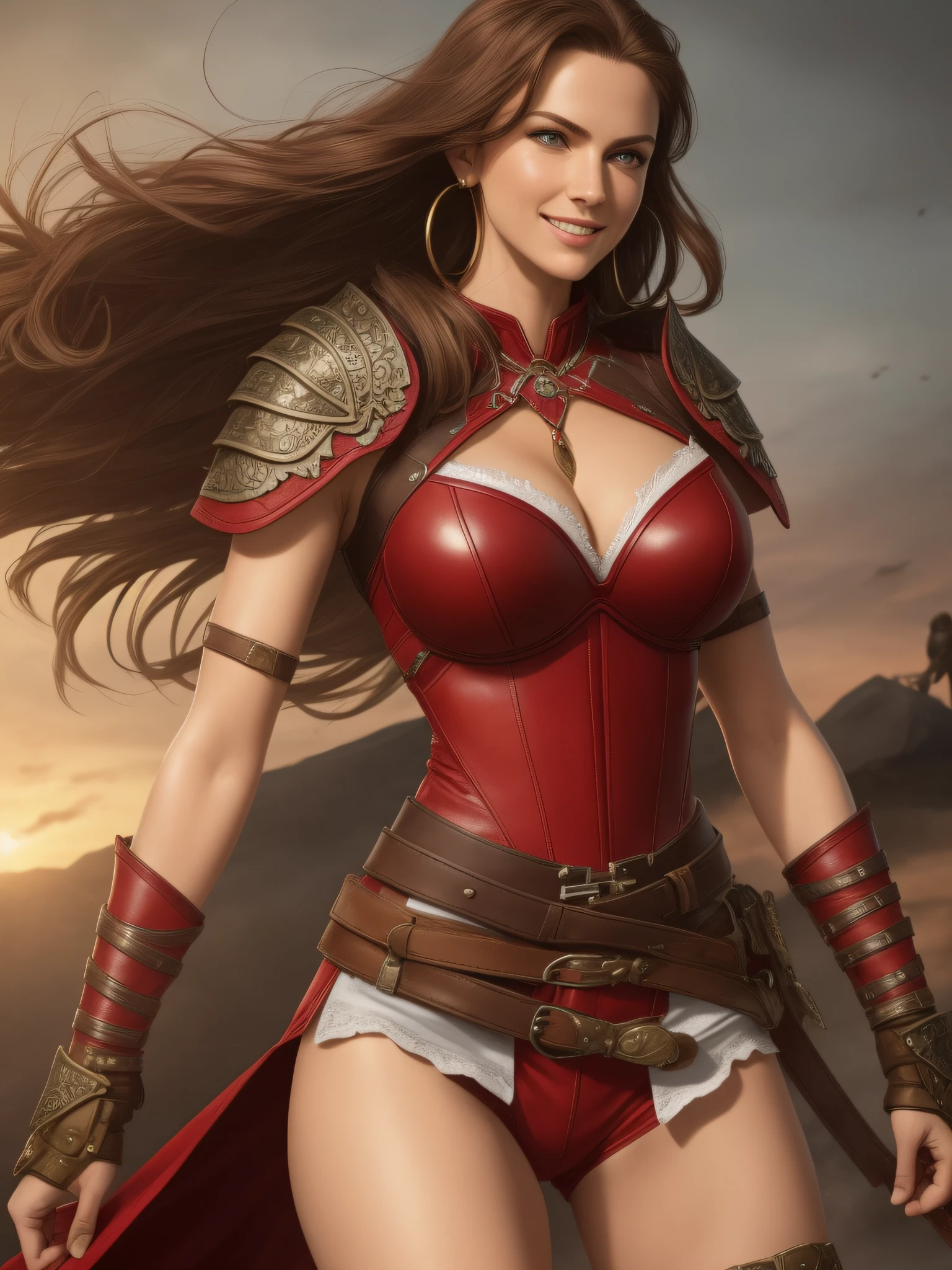 color photograph, action on battlefield, ((a realistic photo of a beautiful tall, strong woman)), (fit body:1.0), detailed illustration, masterpiece, (masterpiece, best quality), beautiful woman, sexy face, full smile, 1lady, solo, long straight brown hair, detailed elegant eyes, detailed apocalyptic background, narrow hips, parted lips, soft light, hoop earrings, small necklace, highly detailed red and white leather armor bra and shorts, waist belt, short blue cape