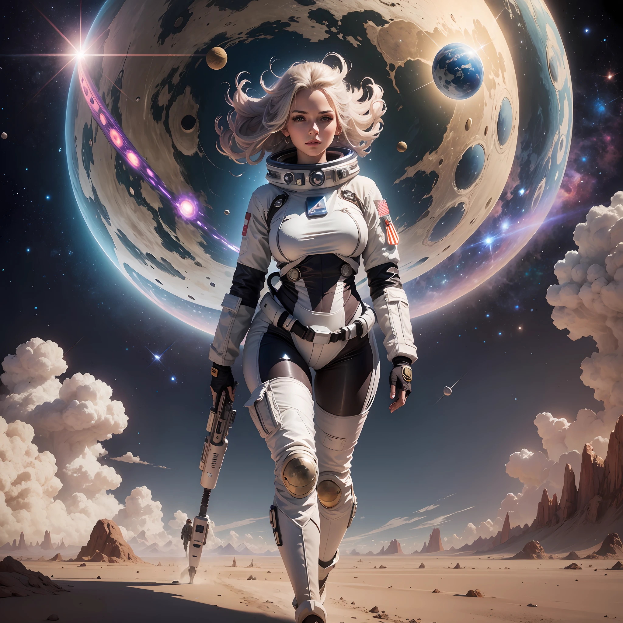 woman, walking, breasts, citura, legs, space suit, boots, holding gun, in front of a planet, crystal hair, Futurism, retina