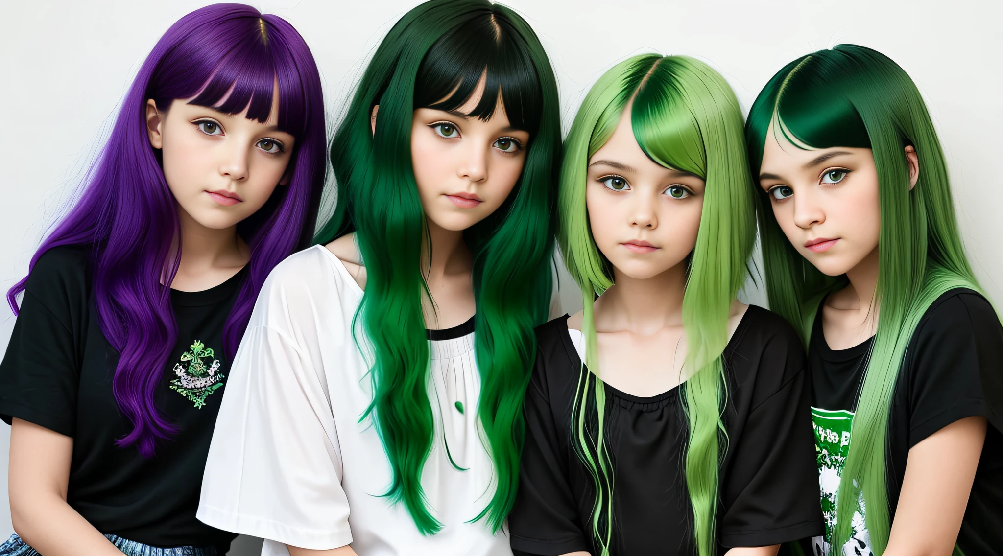 3 girlsRussian children with , WITH LONG STRAIGHT HAIR, PORTRAIT STYLE, a closeup with green hair and a black shirt, green hair, bright green hair, green wavy hair, dark green hair, short green hair, green mane, green and black hair, long green hair, disheveled short green hair, dyed hair, green highlights, dyed hair, flowing green hair, green and purple hair, short green bobcut