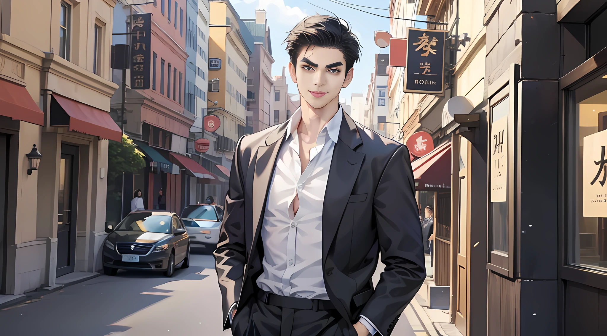 Style manga, 1 male character, president, V-shaped eyebrows, short hair, black, wearing a suit, smiling, hands in pockets, background is in the hotel.