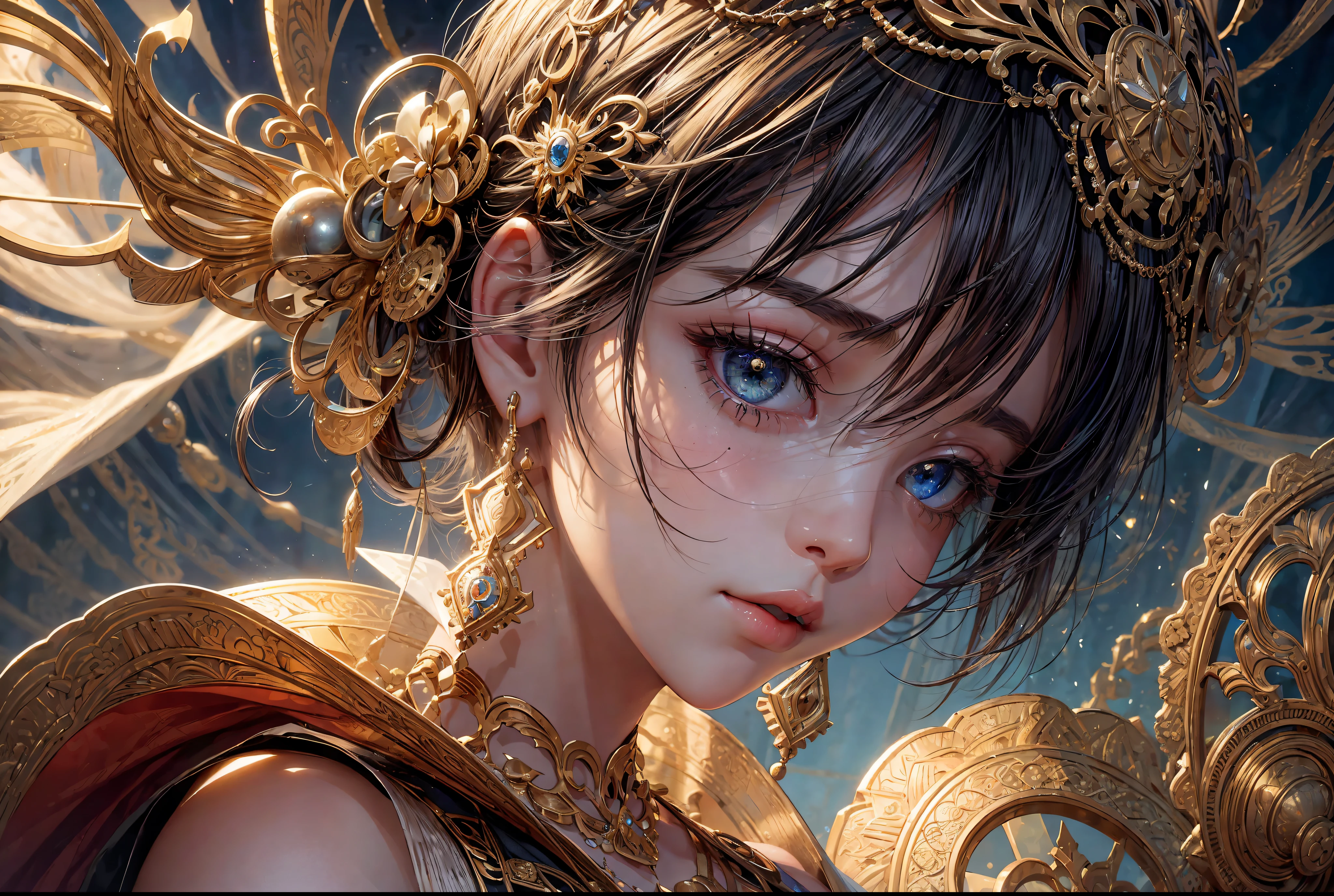 ((Best quality)), ((masterpiece)), ((highly intricate details)),beautiful, high quality, highres, absurdres, light difussion, intricate details, complex details, ((anime)), (anime:1.2) , (perfect face:1.3), extreme detailed eyes, colorful, highest detailed, vibrant colors, high contrast, (8K UHD:1.2), (photorealistic:1.2),(masterpiece:1.4), (best quality:1.4), realistic, 1girl
Create a masterpiece that showcases a hyper-detailed and realistic portrait of a girl with short hair, focusing on her upper body. The theme of this artwork is "Ethereal Resilience," where intricate details and abstract elements converge within an intricately designed background.
The girl's short hair is expertly rendered, capturing the texture and movement with precision. Her features radiate confidence and strength, reflecting her resilient spirit. Her eyes, filled with determination and a touch of vulnerability, convey a depth of emotion that draws viewers into her world.
To accentuate the intricate detail, adorn the girl with elegant and meaningful accessories. Delicate earrings dangle from her ears, each meticulously crafted with intricate patterns that symbolize personal significance. A necklace, embellished with an intricate pendant, hints at the depths of her inner wisdom and resilience.
The background of the artwork becomes a tapestry of intricacy and complexity. An abstract composition of intersecting lines, shapes, and textures forms a visually captivating backdrop. Organic patterns inspired by nature intertwine with geometric elements, creating a harmonious blend of order and chaos.
Incorporate a myriad of objects and symbols within the background, representing the girl's experiences, passions, and aspirations. Abstract representations of books, musical notes, and art supplies can be scattered throughout, symbolizing her intellectual curiosity and creative spirit. Intricate patterns of interconnected gears and mechanisms could allude to her resilience and ability to navigate.